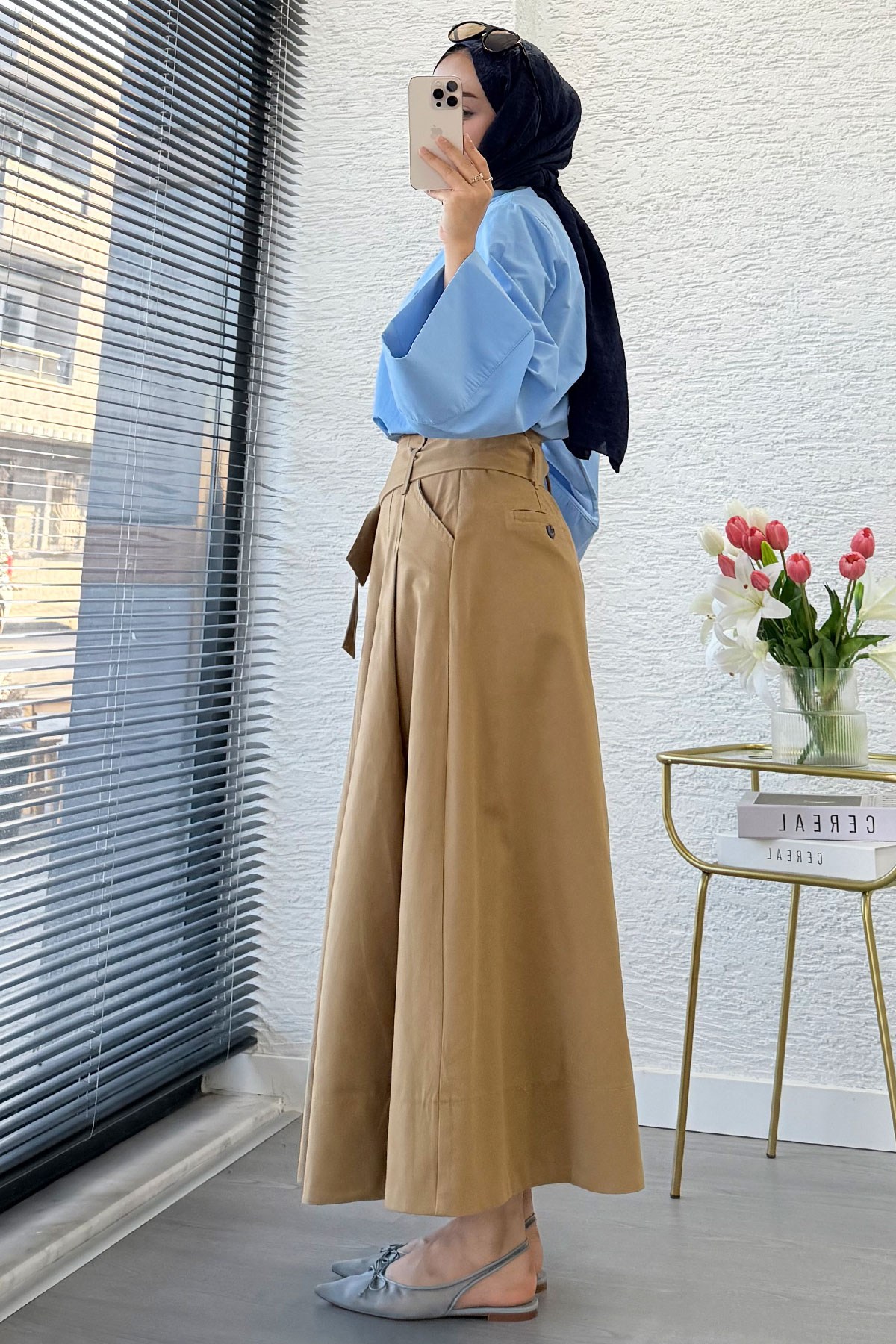 Premıum Pile Detay Kemerli Pamuk Gabardin Midi Etek - Camel