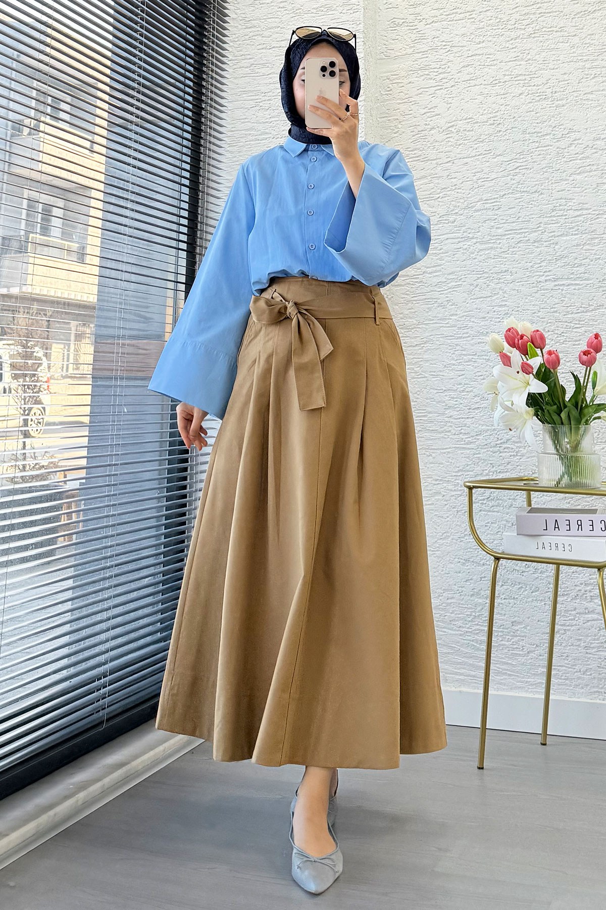 Premıum Pile Detay Kemerli Pamuk Gabardin Midi Etek - Camel