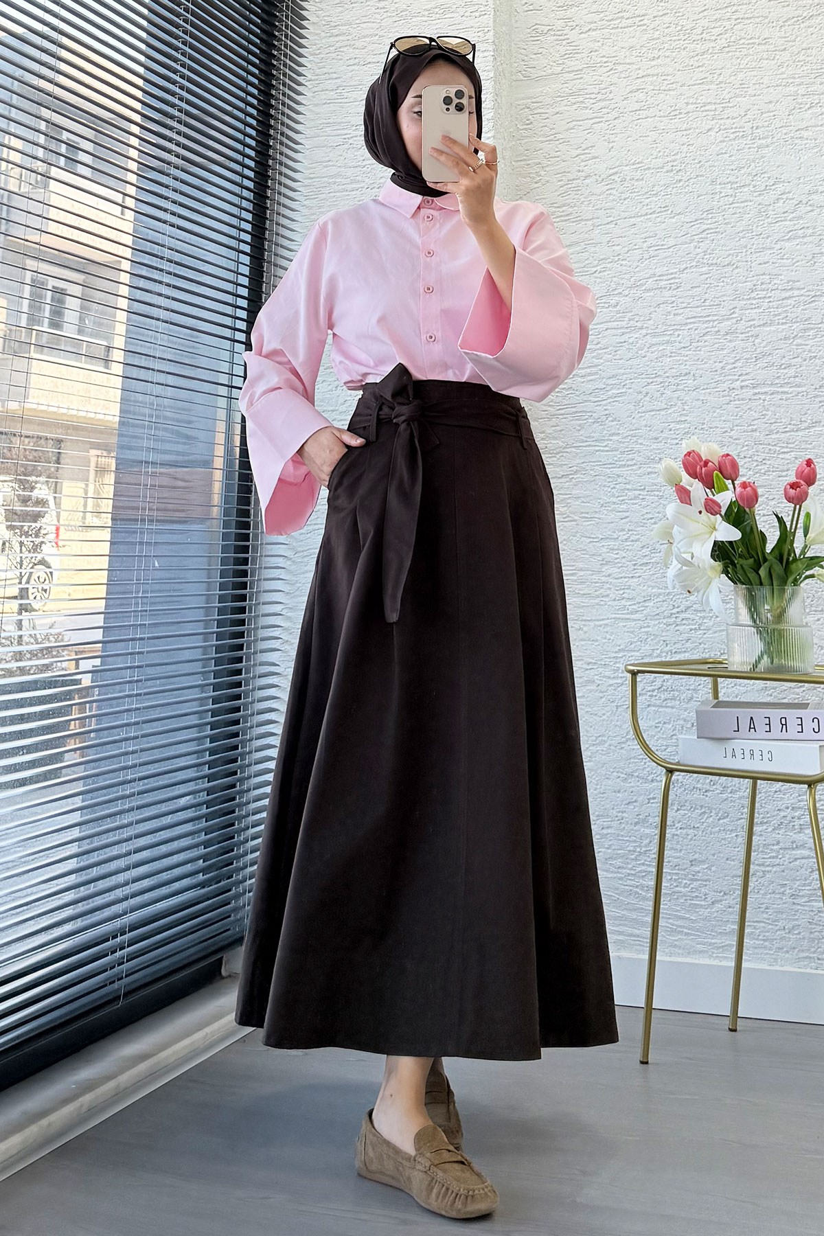 Premıum Pile Detay Kemerli Pamuk Gabardin Midi Etek - Acı Kahve