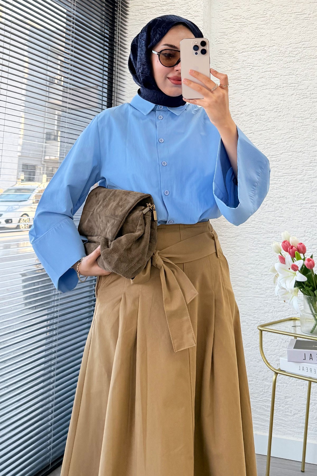 Premıum Pile Detay Kemerli Pamuk Gabardin Midi Etek - Camel