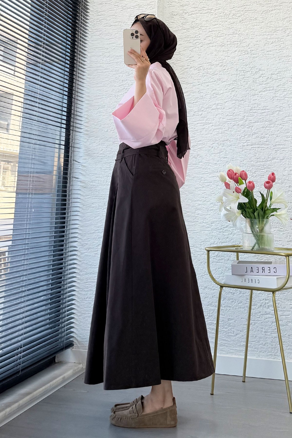 Premıum Pile Detay Kemerli Pamuk Gabardin Midi Etek - Acı Kahve