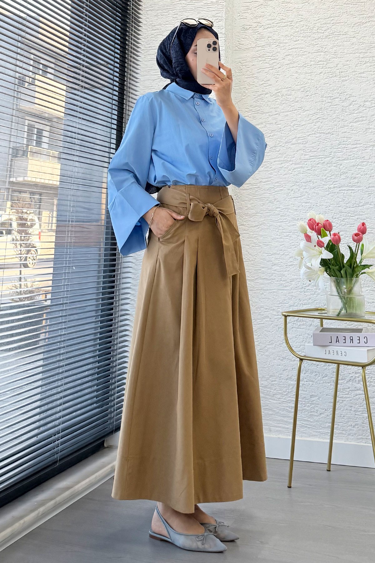 Premıum Pile Detay Kemerli Pamuk Gabardin Midi Etek - Camel
