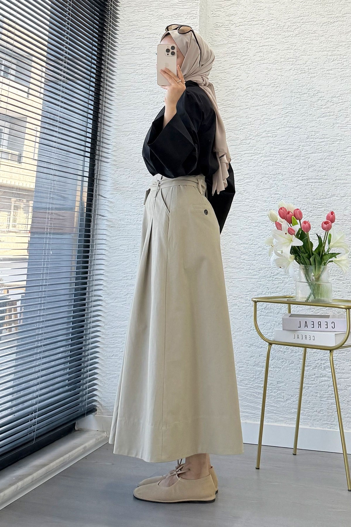 Premıum Pile Detay Kemerli Pamuk Gabardin Midi Etek - Haki