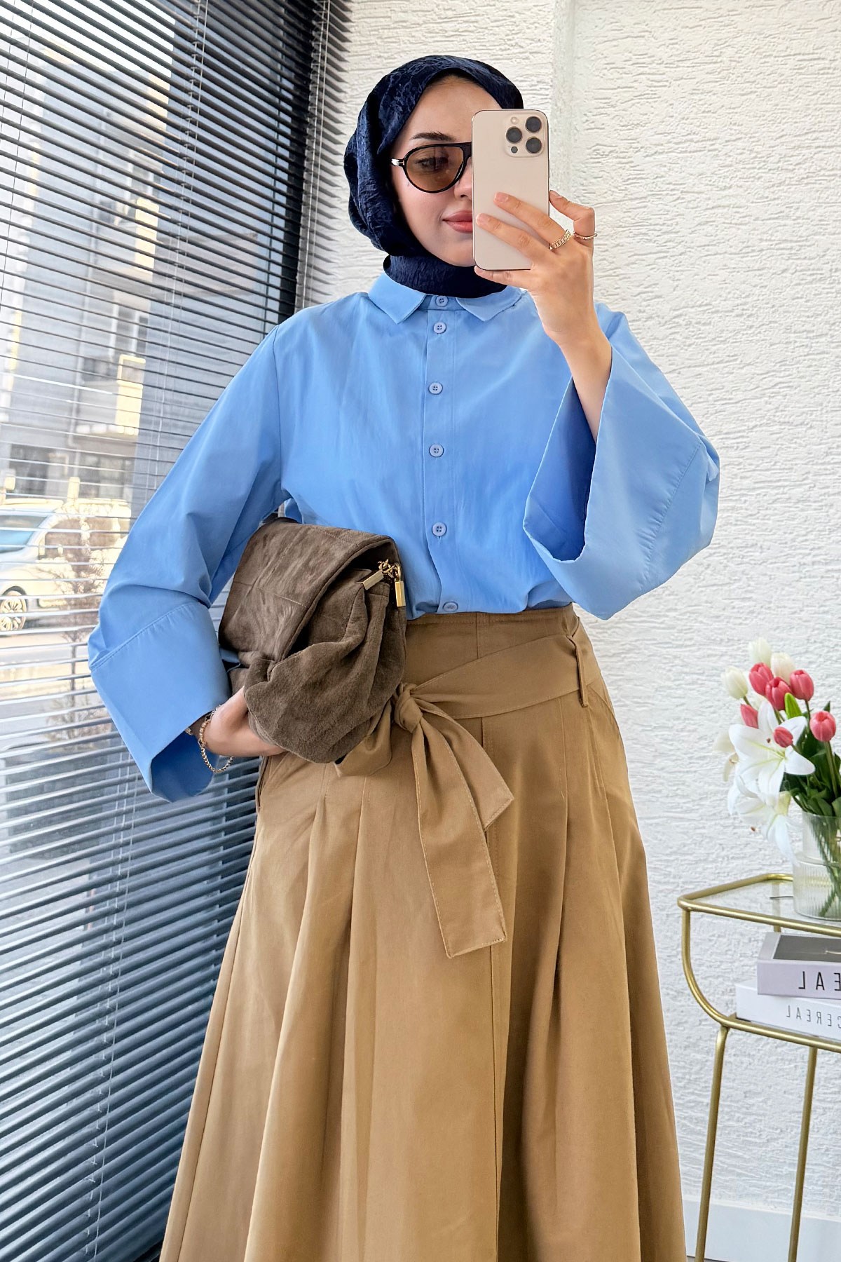 Premıum Pile Detay Kemerli Pamuk Gabardin Midi Etek - Camel