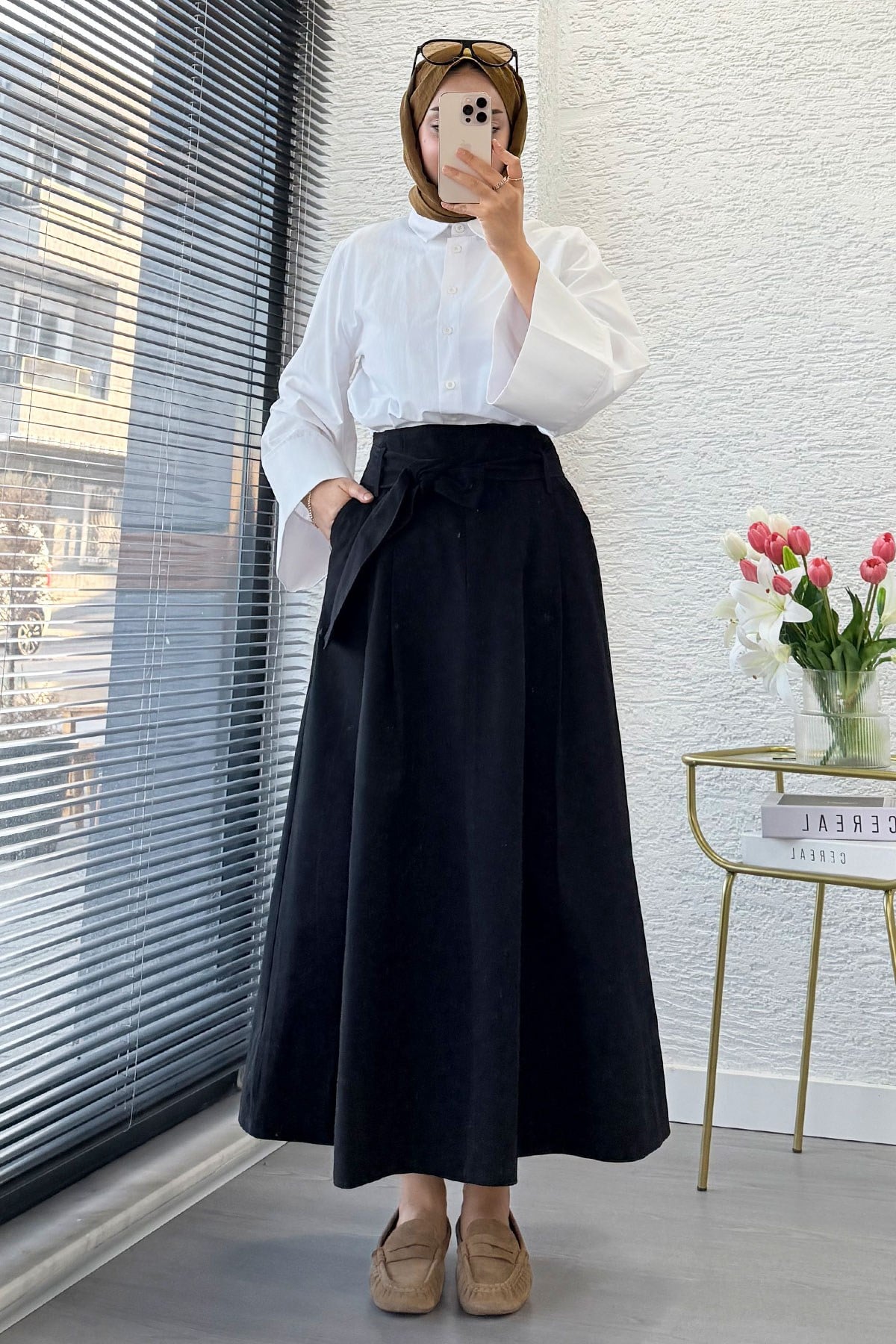 Premıum Pile Detay Kemerli Pamuk Gabardin Midi Etek - Siyah