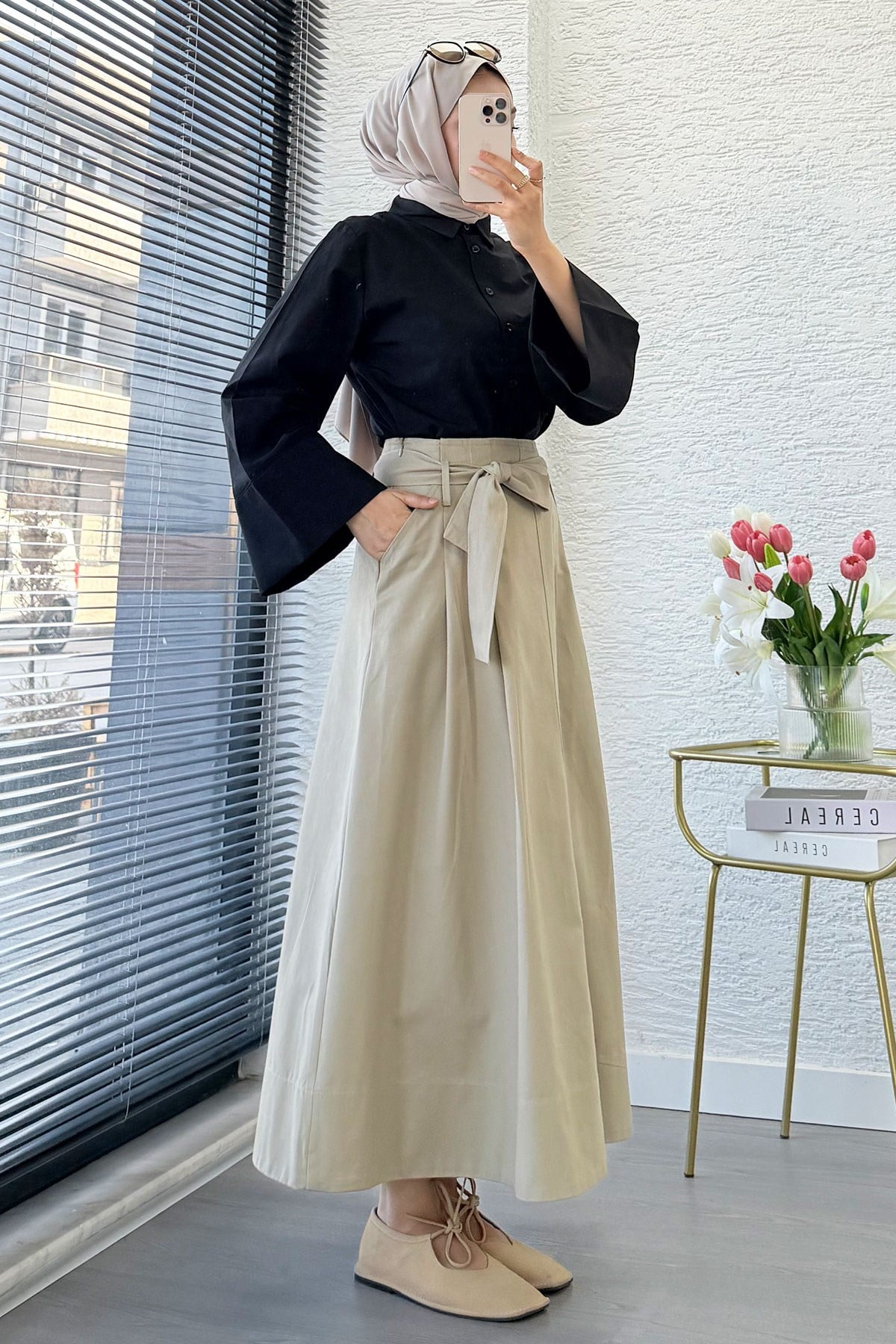 Premıum Pile Detay Kemerli Pamuk Gabardin Midi Etek - Haki