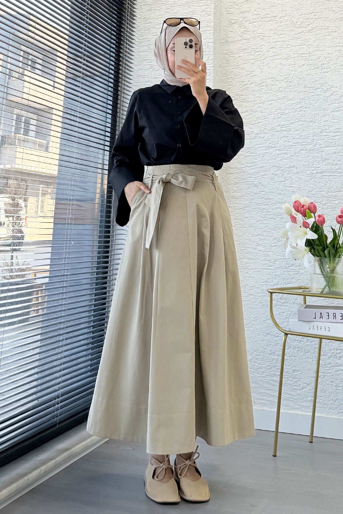 Premıum Pile Detay Kemerli Pamuk Gabardin Midi Etek - Haki