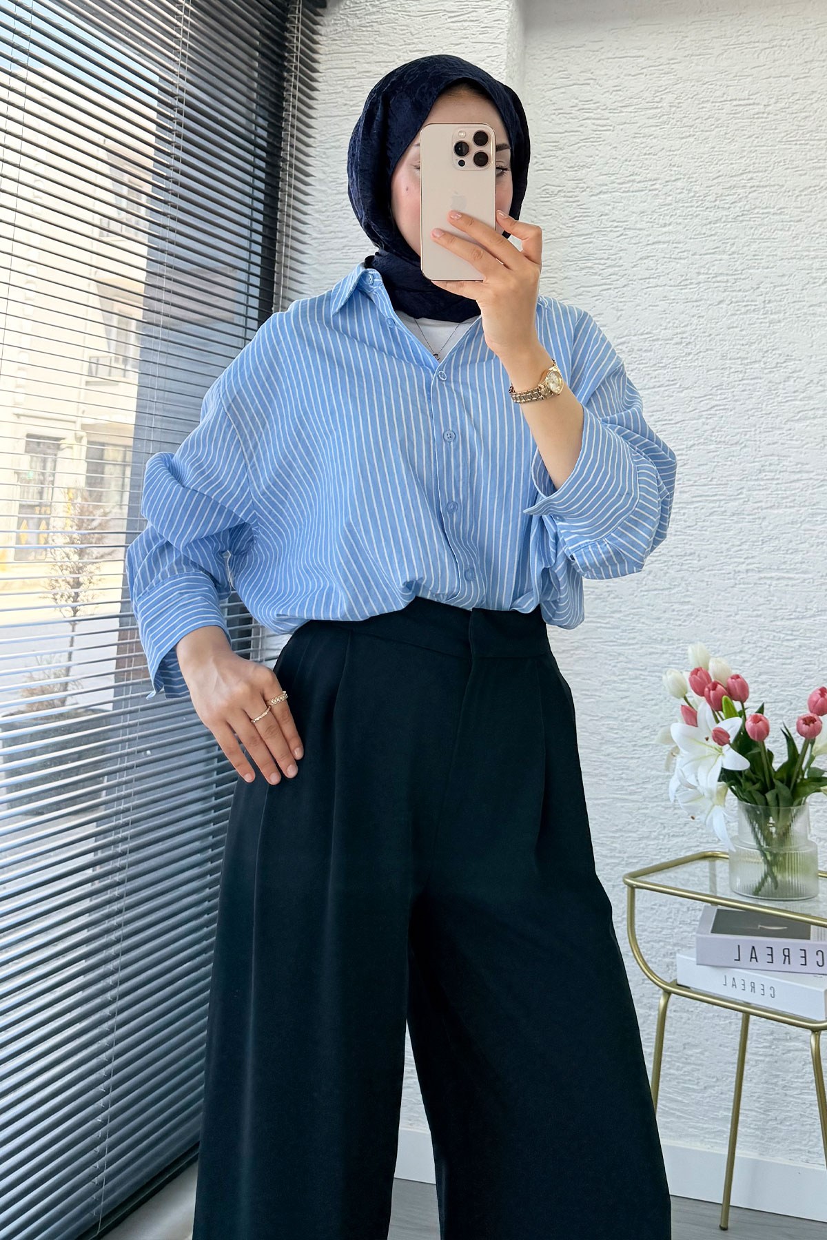 Premium Pileli Kapaklı Detay Twill Palazzo Pantolon - Lacivert