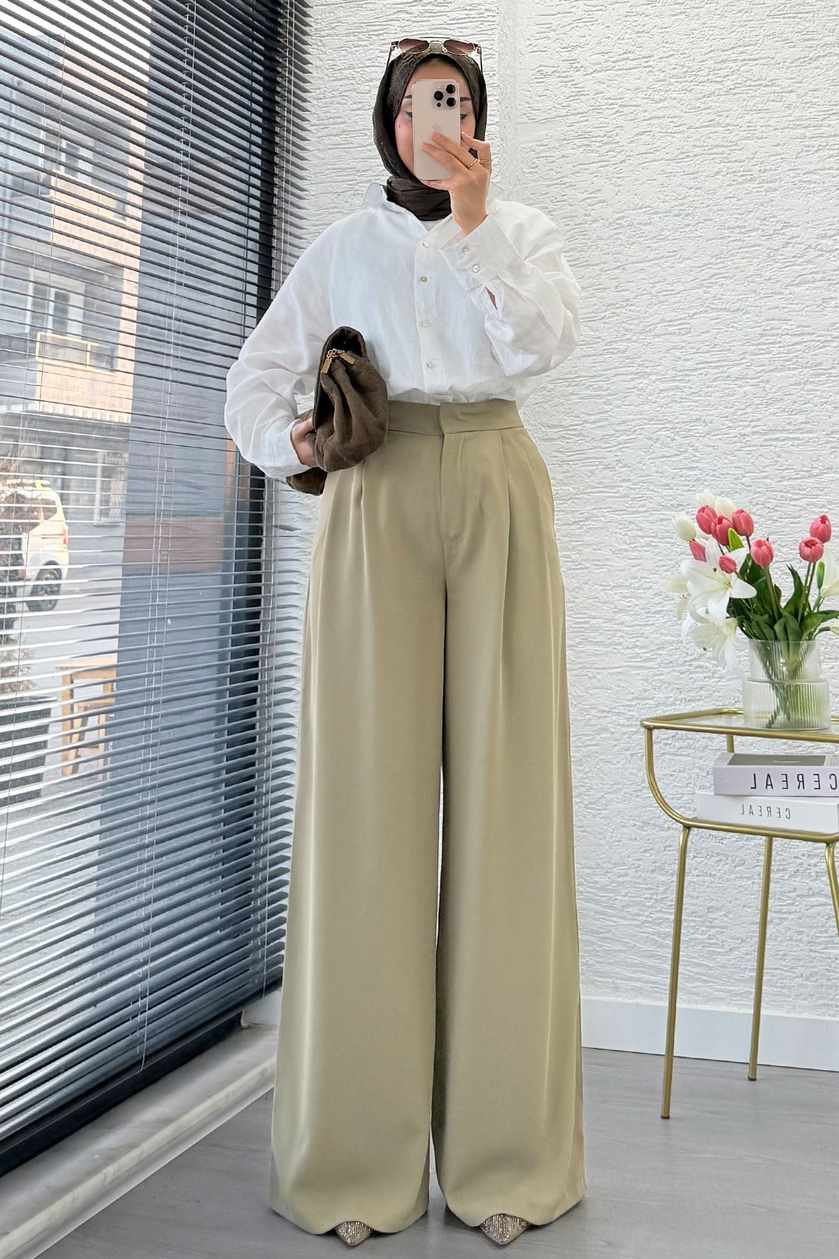 Premium Pileli Kapaklı Detay Twill Palazzo Pantolon - ÇağLa Yeşili