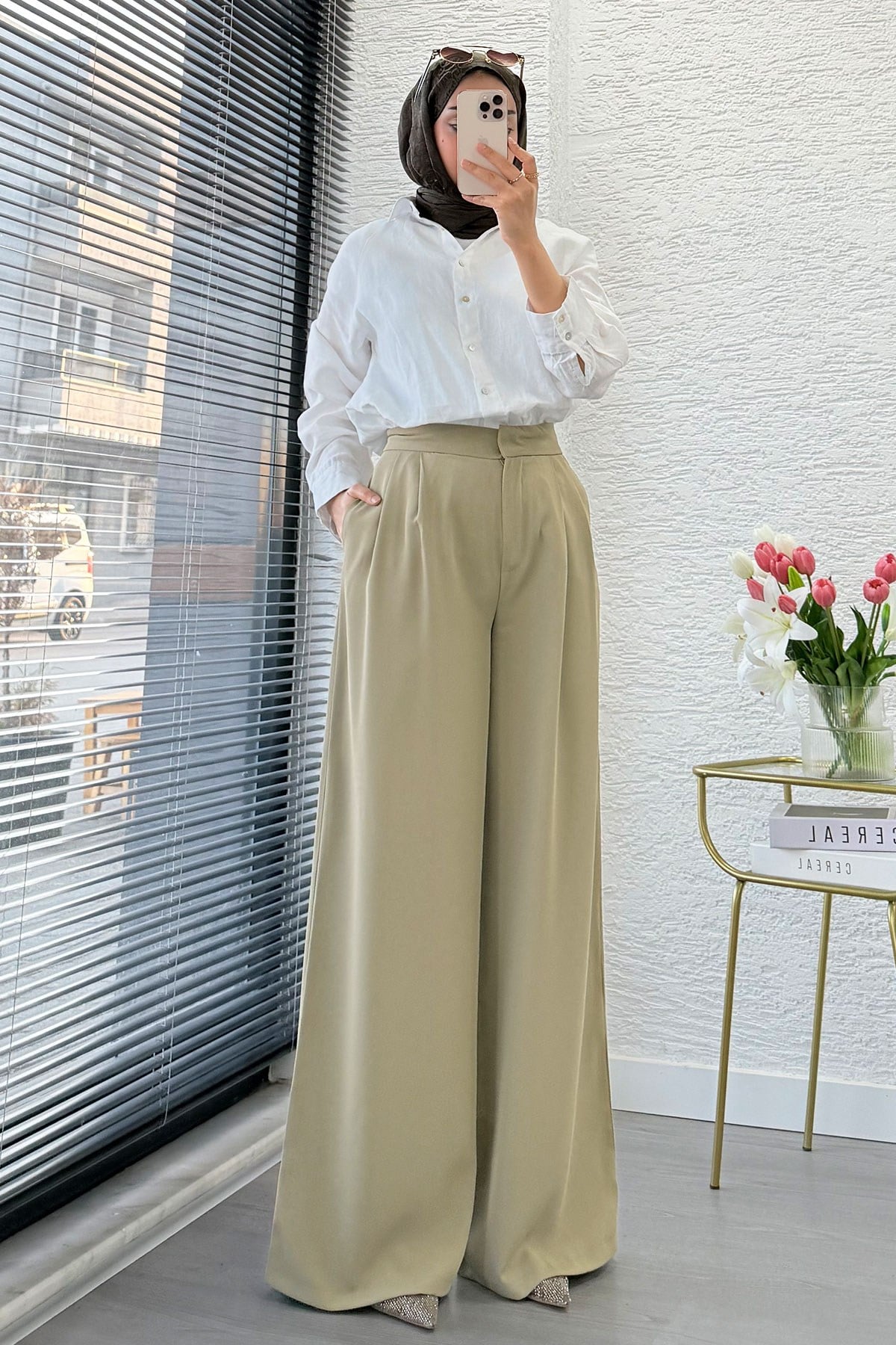Premium Pileli Kapaklı Detay Twill Palazzo Pantolon - ÇağLa Yeşili