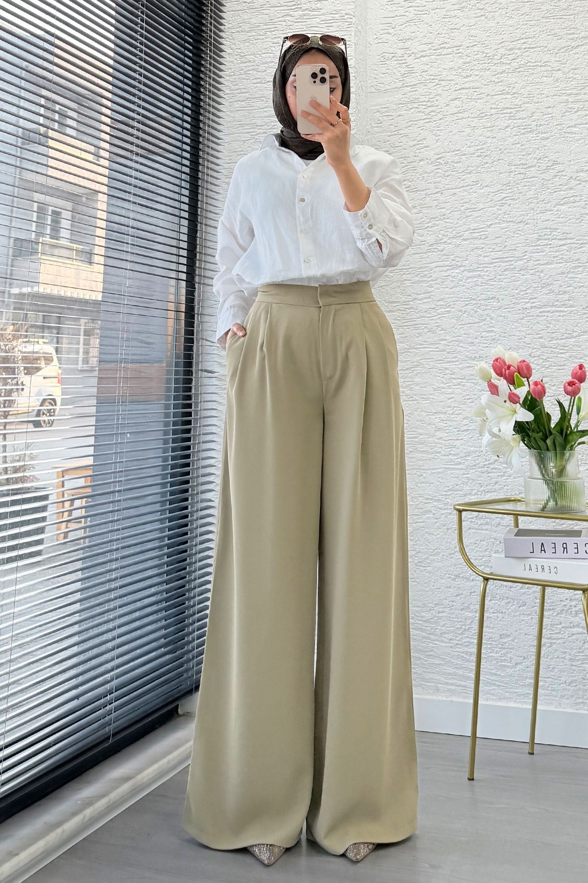 Premium Pileli Kapaklı Detay Twill Palazzo Pantolon - ÇağLa Yeşili