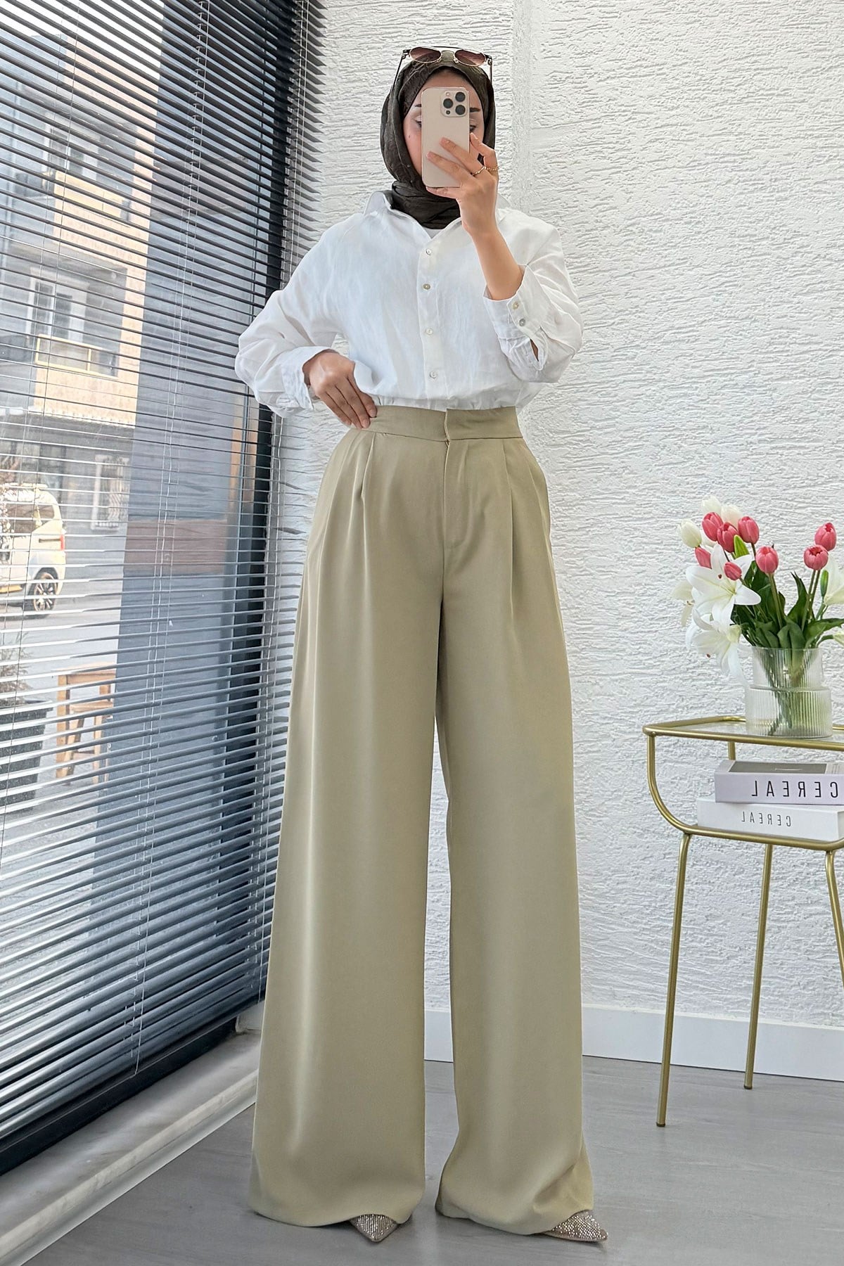 Premium Pileli Kapaklı Detay Twill Palazzo Pantolon - ÇağLa Yeşili