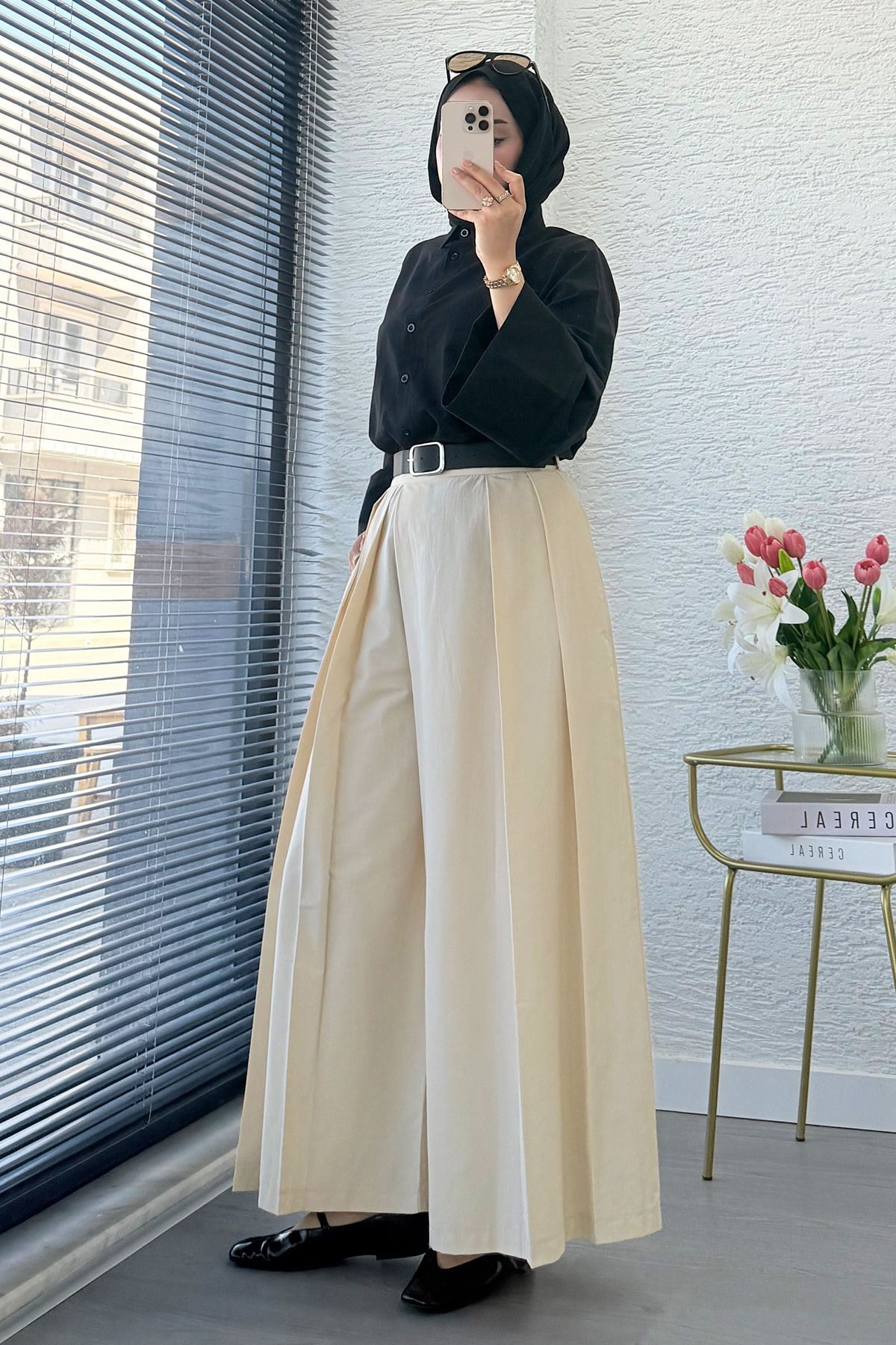 Premıum Pileli Kemerli Poplin Etek Pantolon - Krem