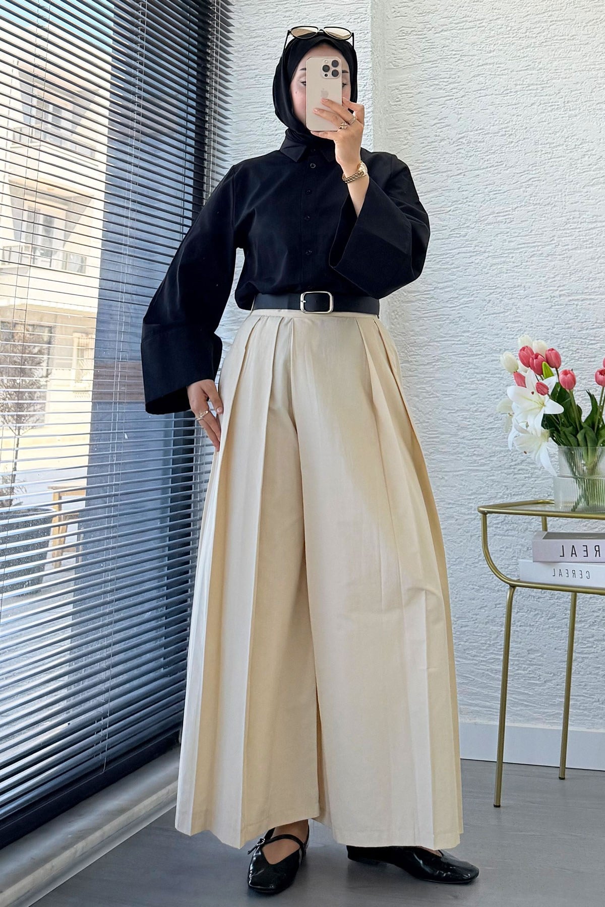 Premıum Pileli Kemerli Poplin Etek Pantolon - Krem