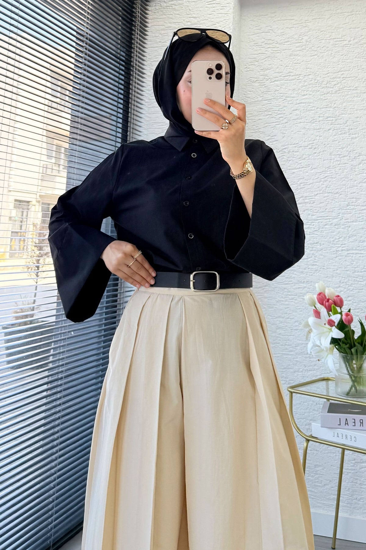 Premıum Pileli Kemerli Poplin Etek Pantolon - Krem