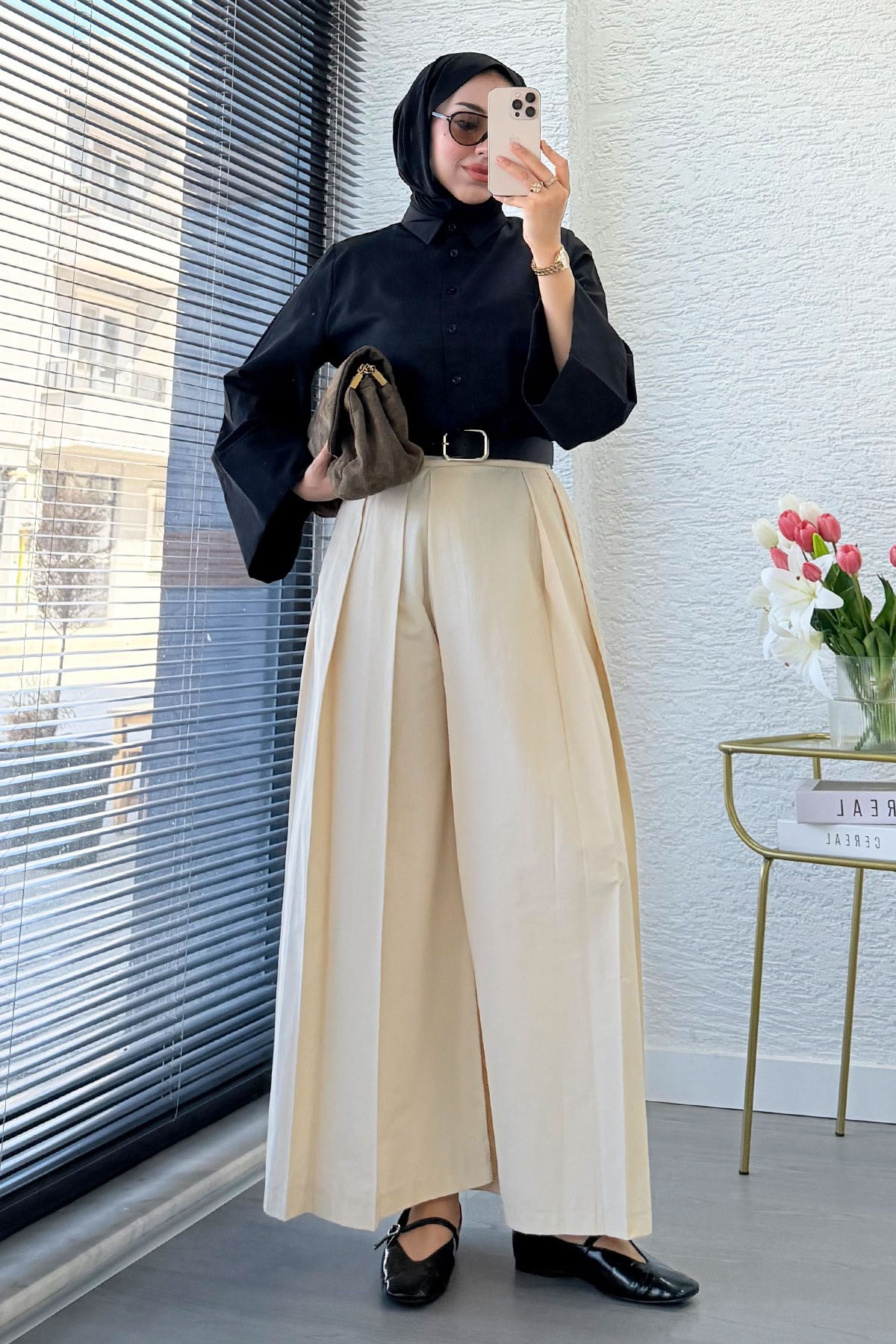 Premıum Pileli Kemerli Poplin Etek Pantolon - Krem