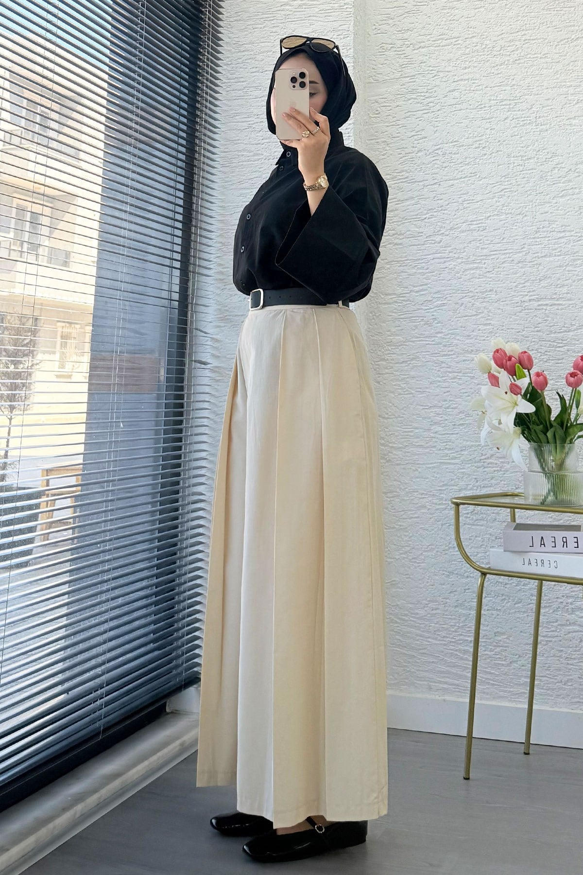 Premıum Pileli Kemerli Poplin Etek Pantolon - Krem