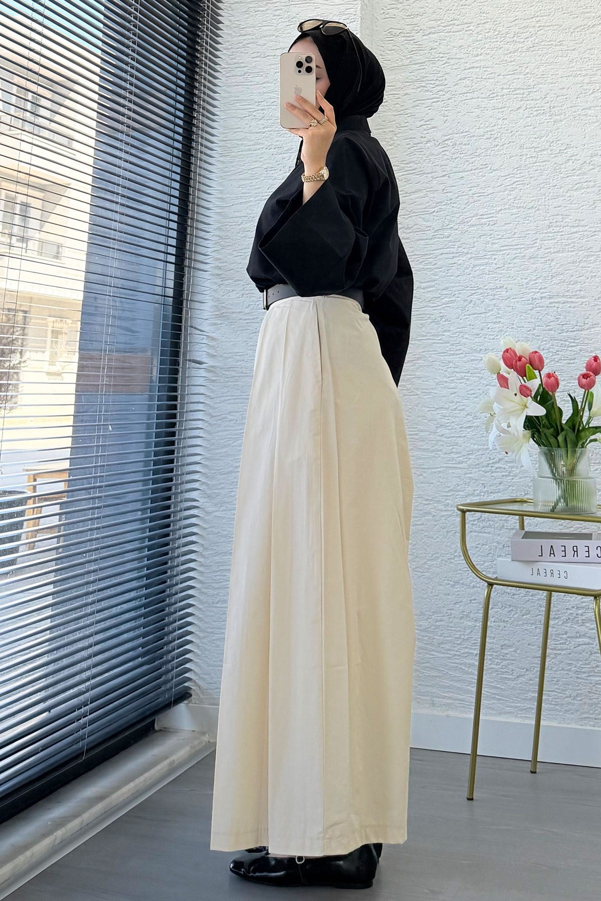 Premıum Pileli Kemerli Poplin Etek Pantolon - Krem