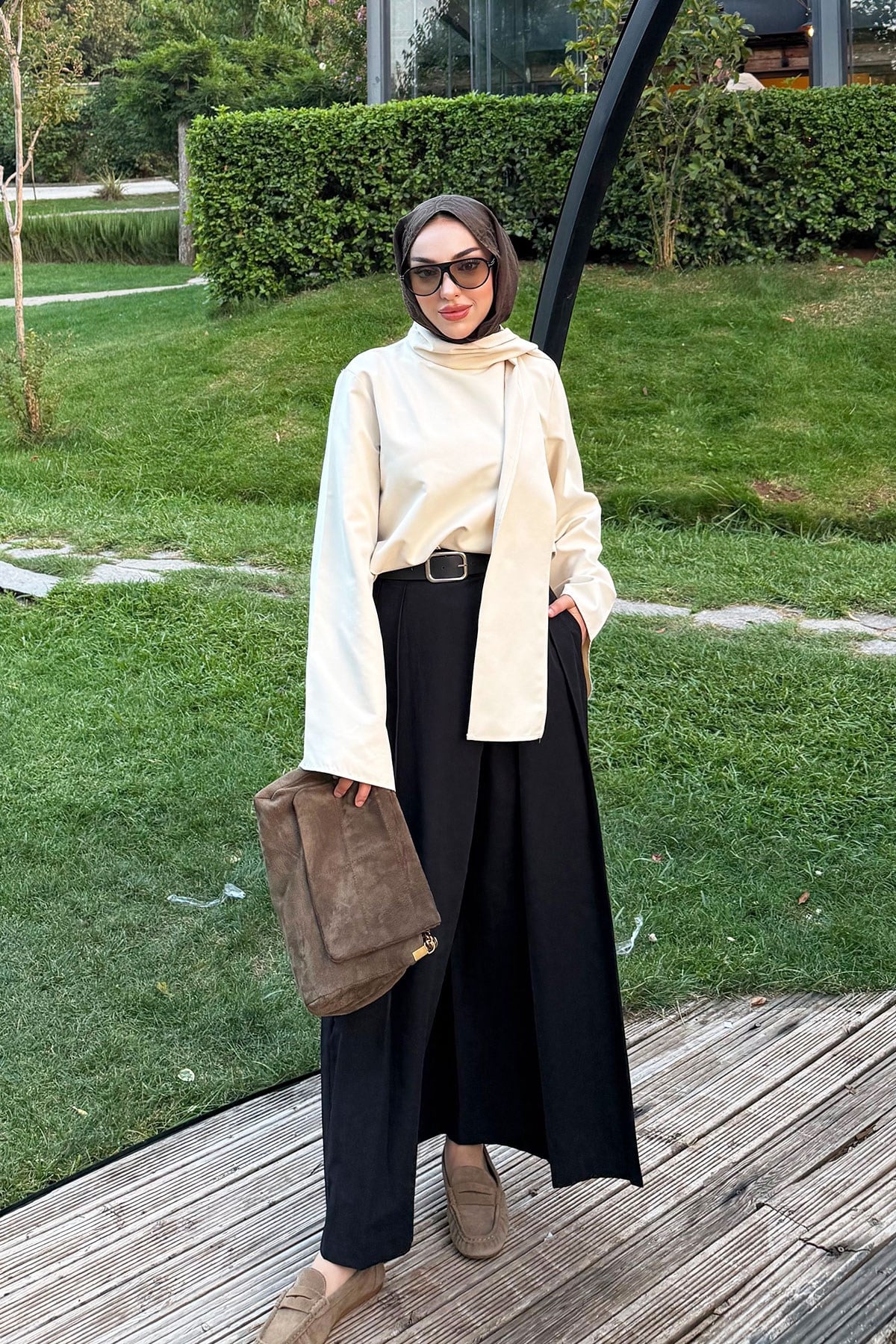 Premıum Pileli Kemerli Poplin Etek Pantolon - Siyah