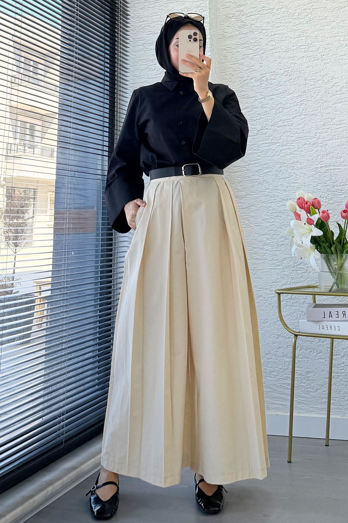 Premıum Pileli Kemerli Poplin Etek Pantolon - Krem
