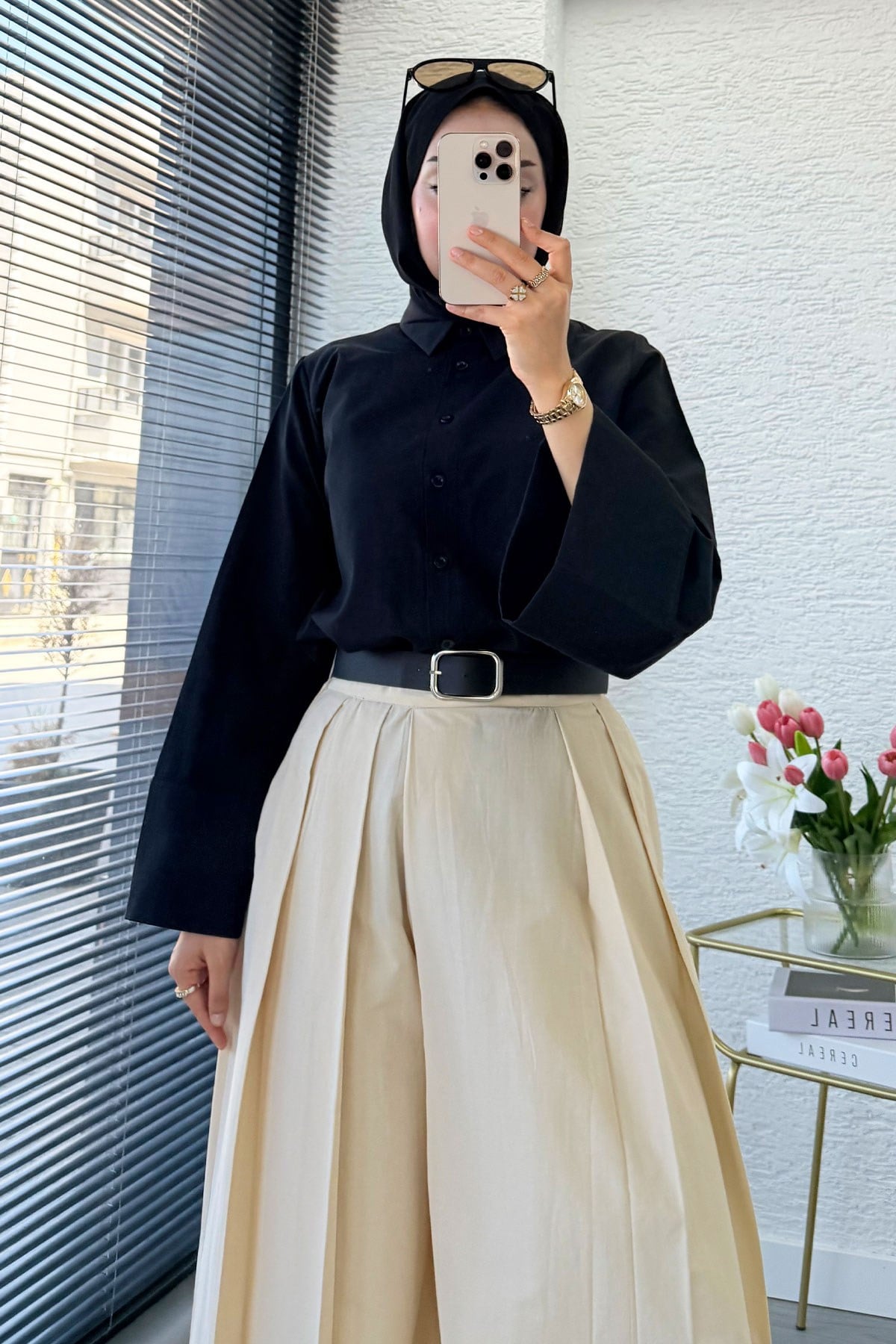 Premıum Pileli Kemerli Poplin Etek Pantolon - Krem