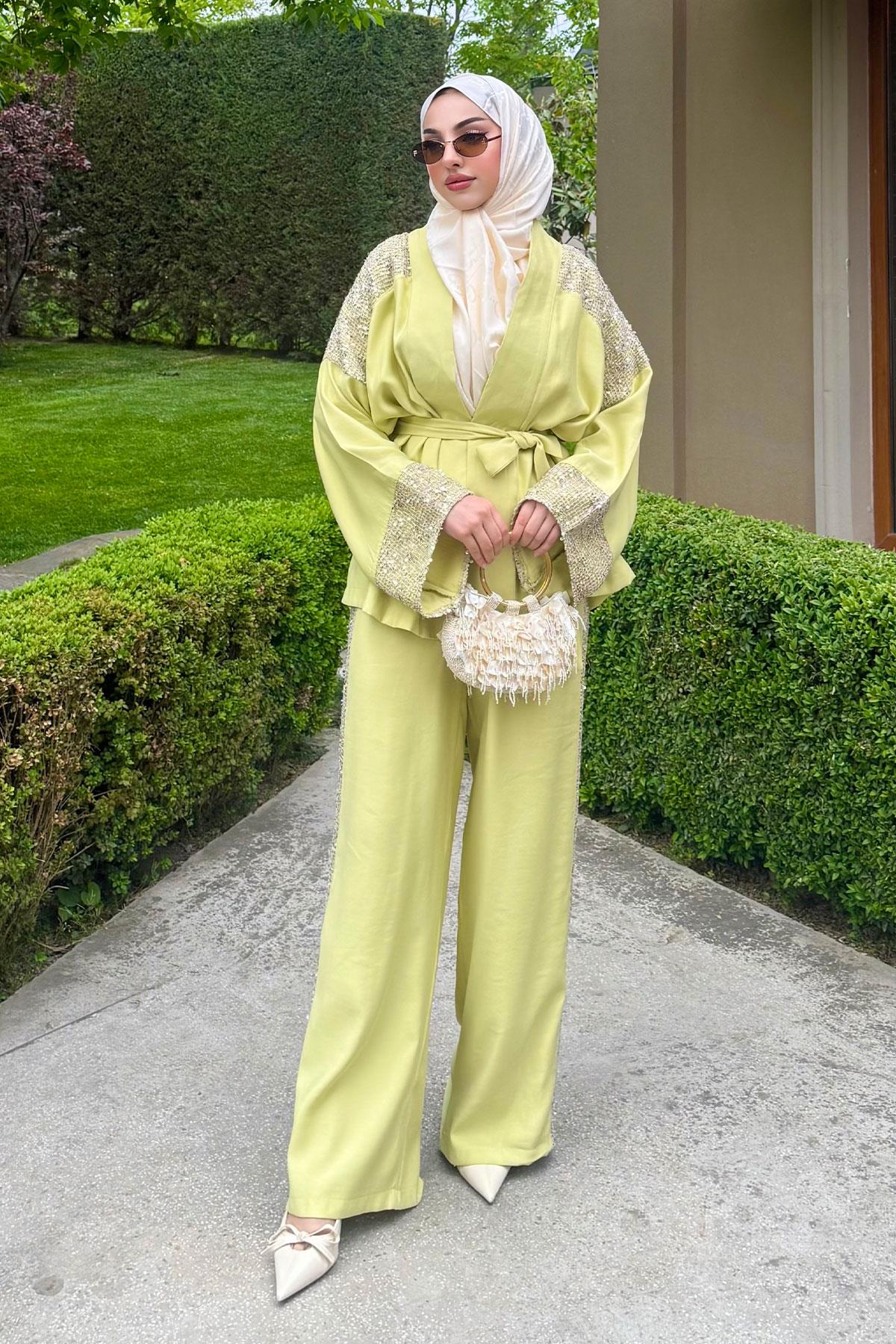 Premium Pul Detaylı Kimono İkili Takım – Olive