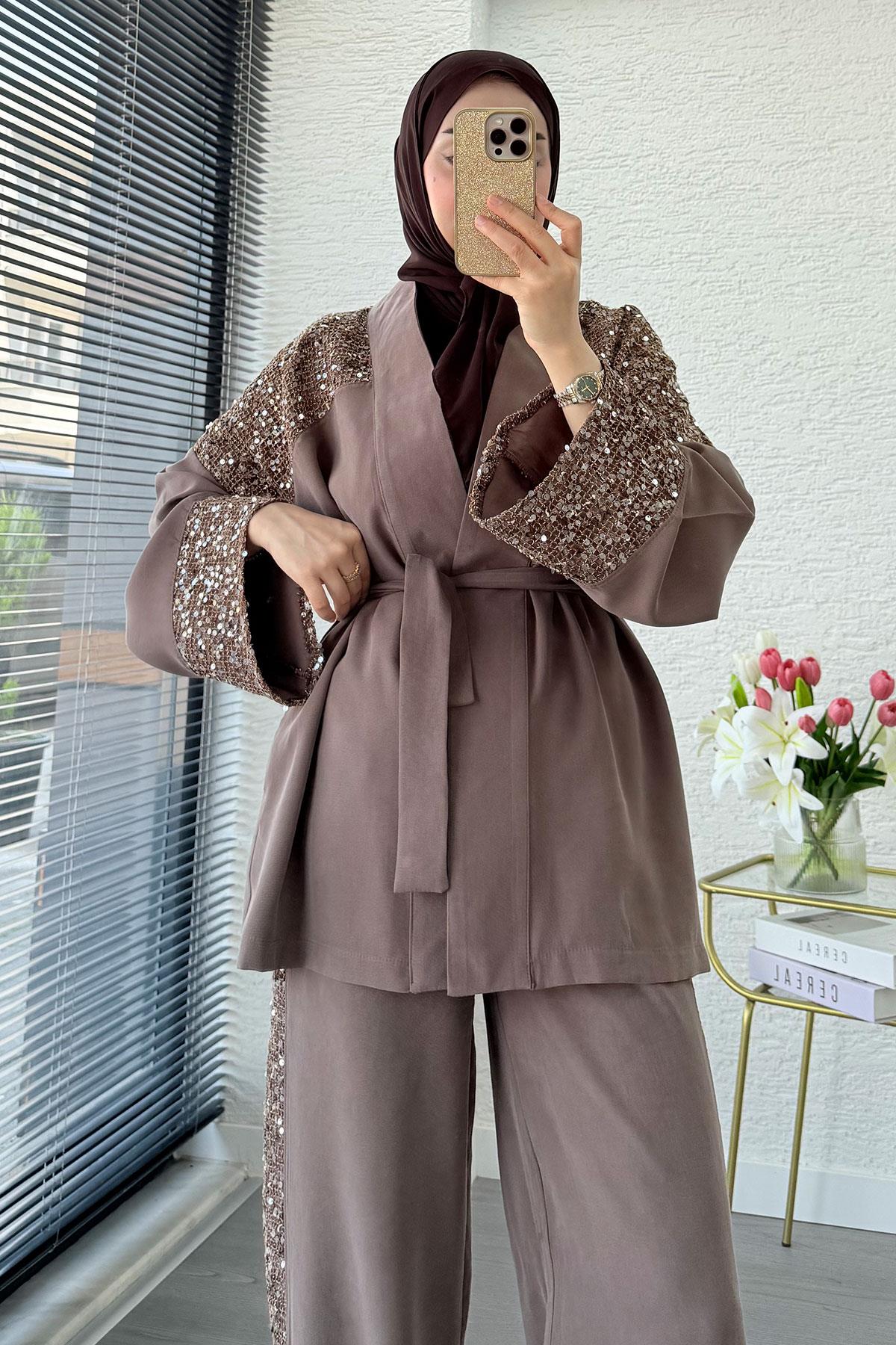 Premium Pul Detaylı Kimono İkili Takım – Kahverengi