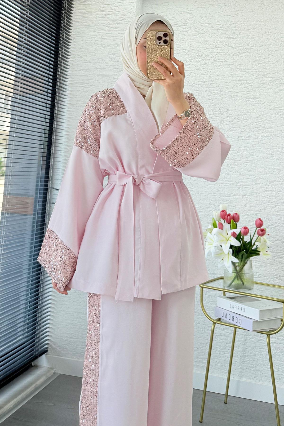 Premium Pul Detaylı Kimono İkili Takım – Pembe