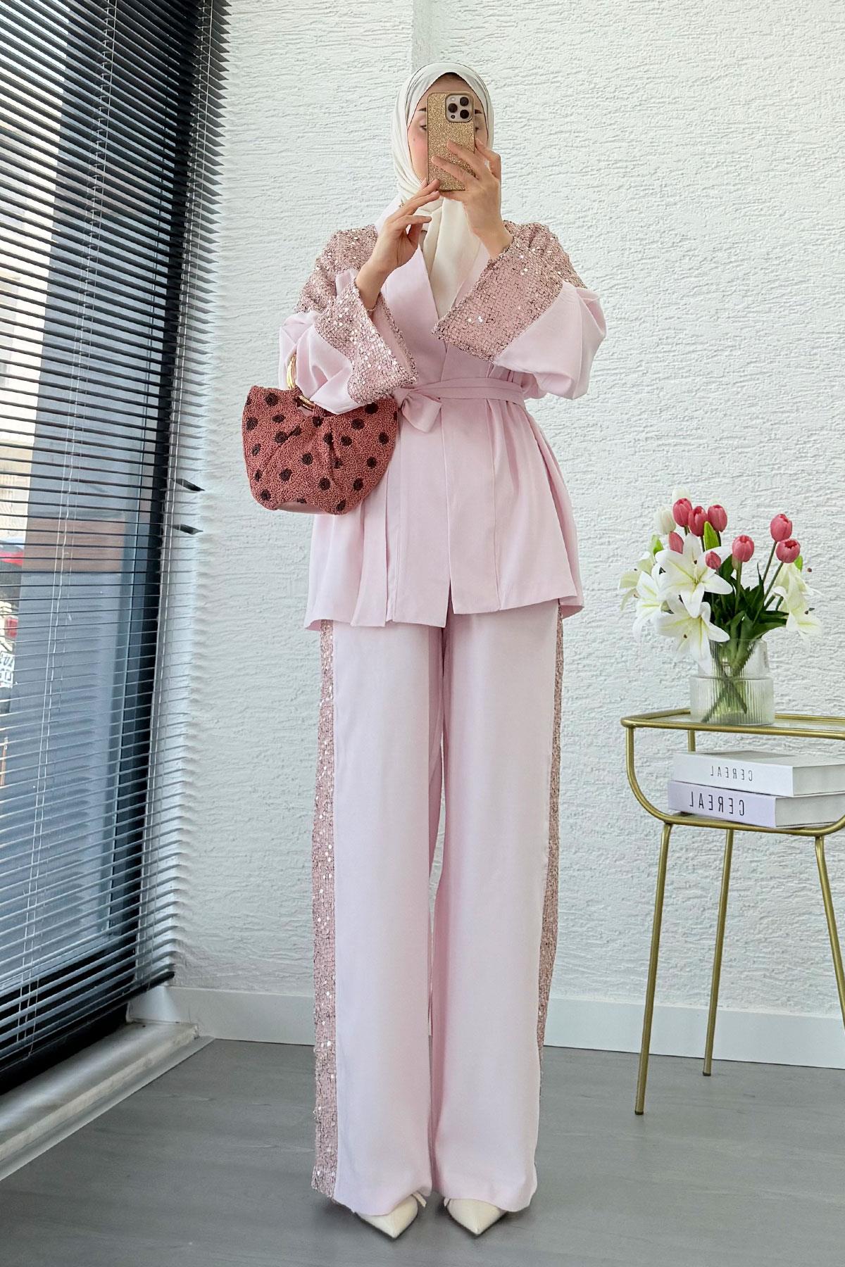 Premium Pul Detaylı Kimono İkili Takım – Pembe