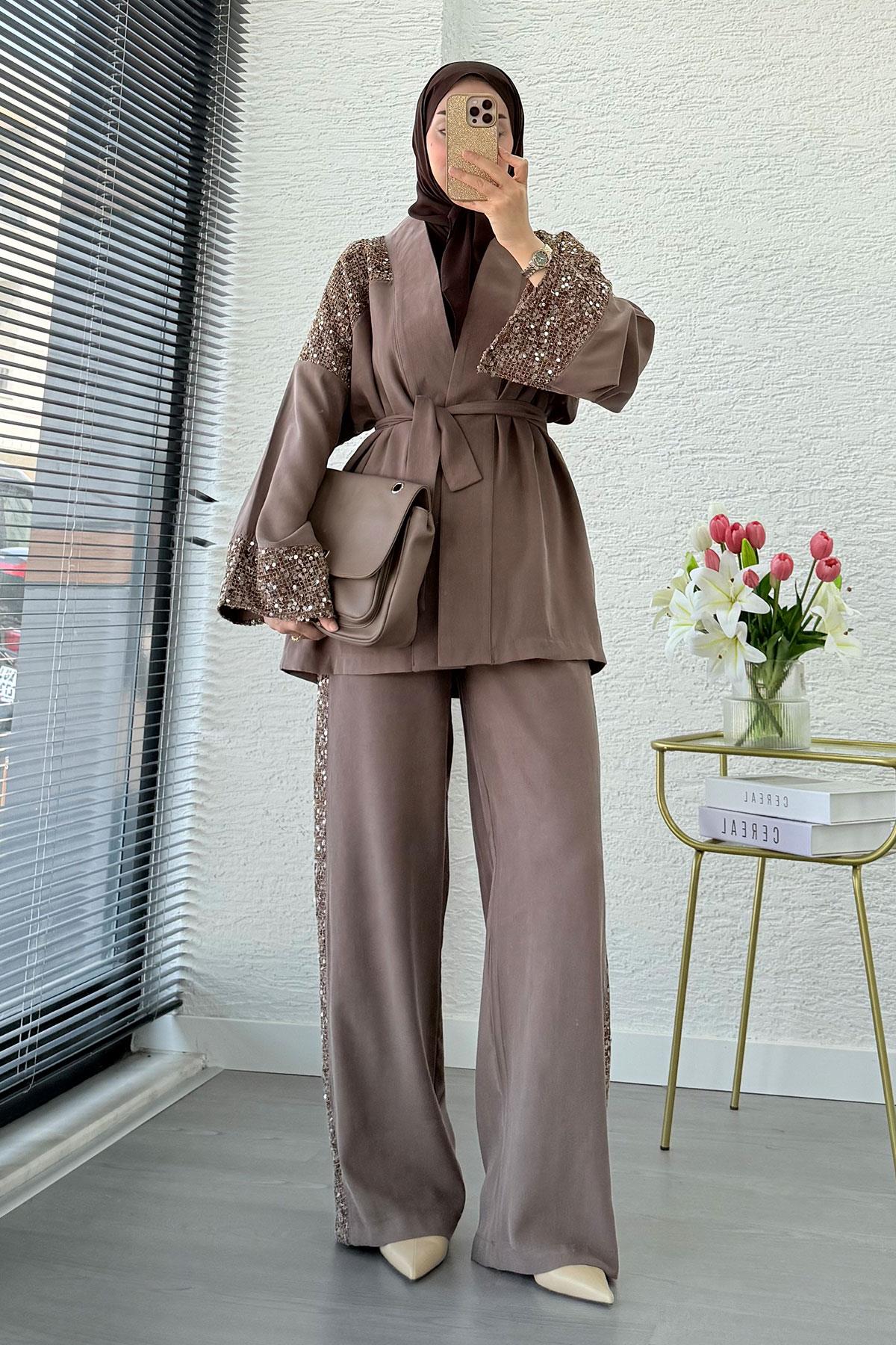 Premium Pul Detaylı Kimono İkili Takım – Kahverengi