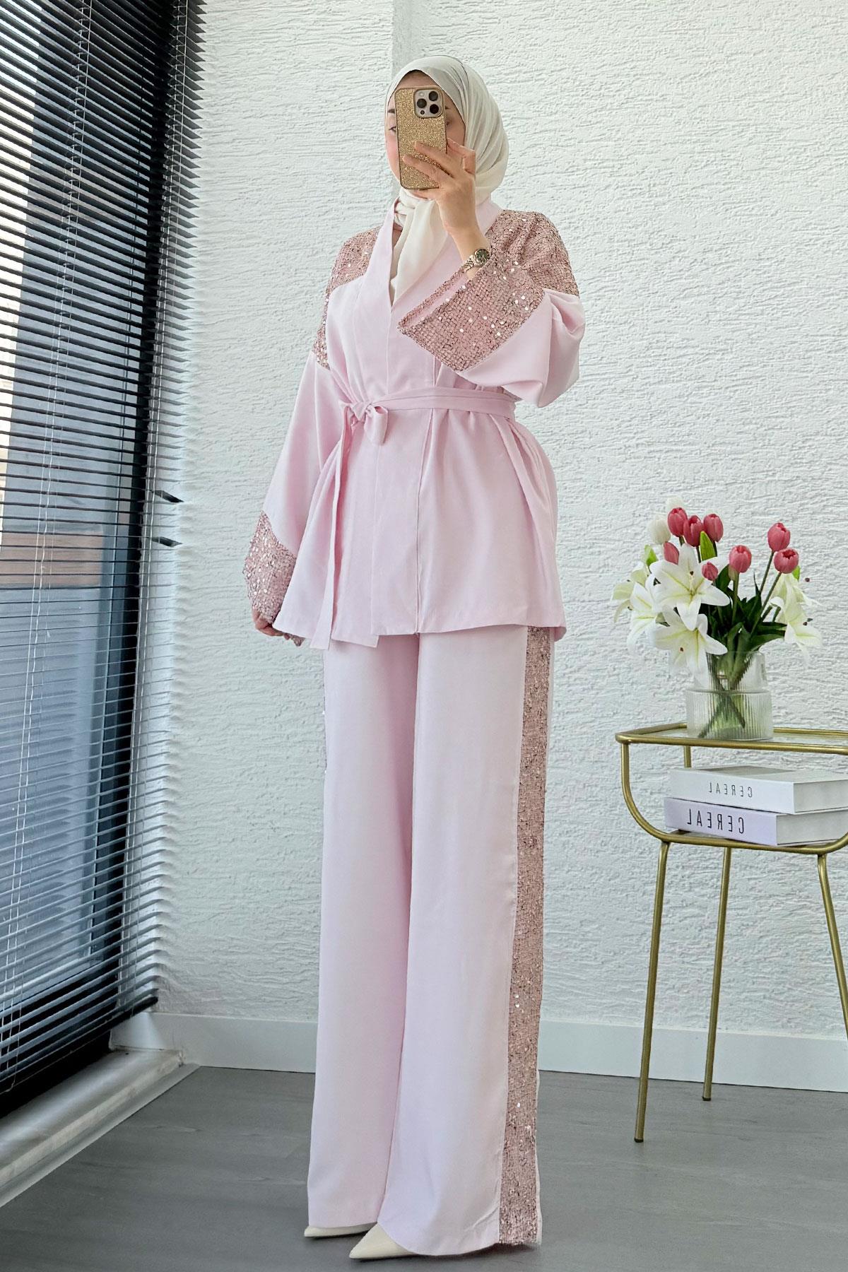 Premium Pul Detaylı Kimono İkili Takım – Pembe