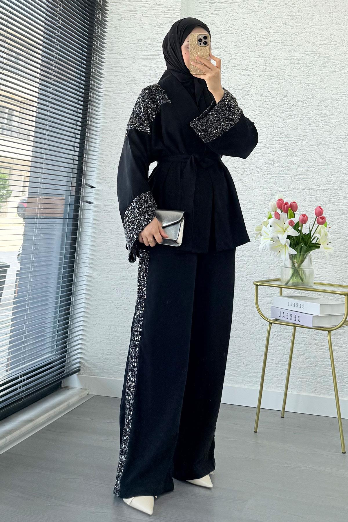 Premium Pul Detaylı Kimono İkili Takım – Siyah