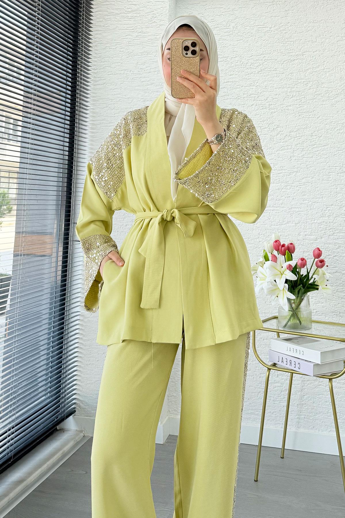 Premium Pul Detaylı Kimono İkili Takım – Olive