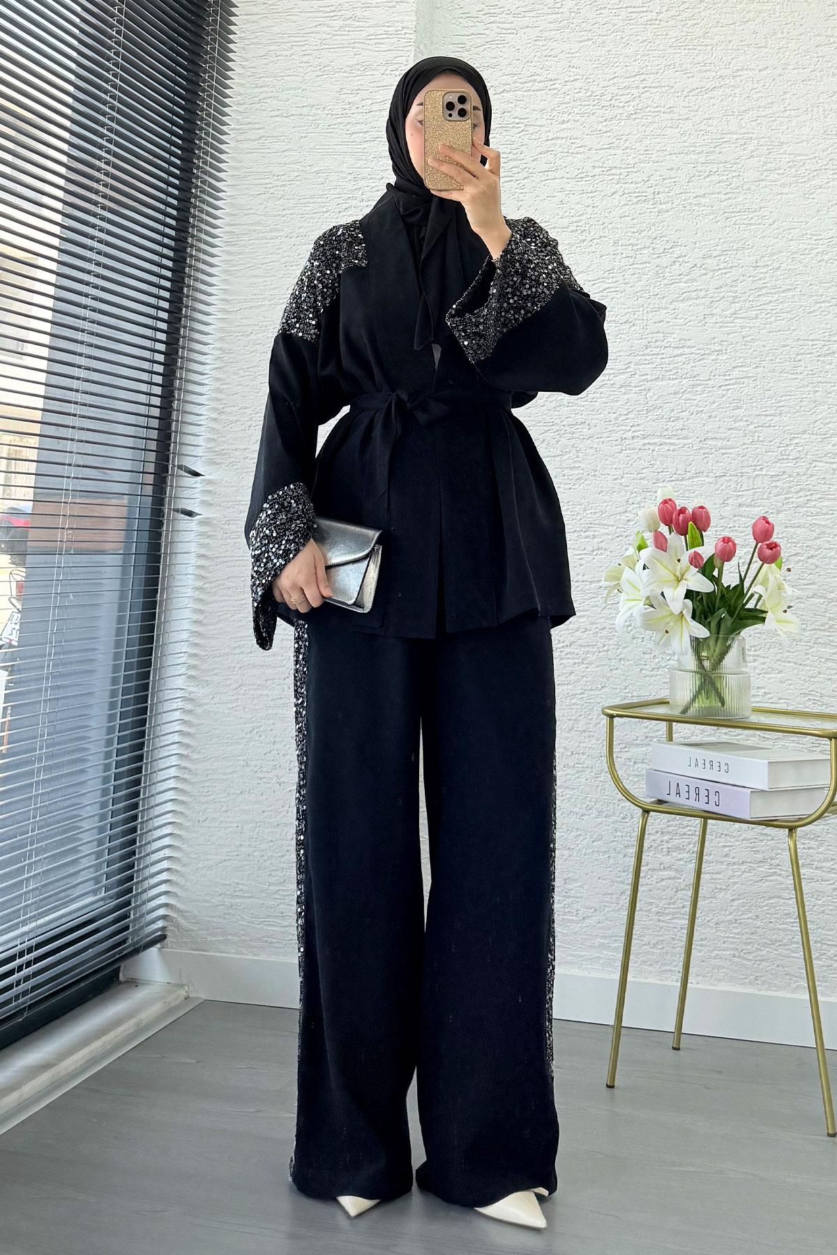 Premium Pul Detaylı Kimono İkili Takım – Siyah