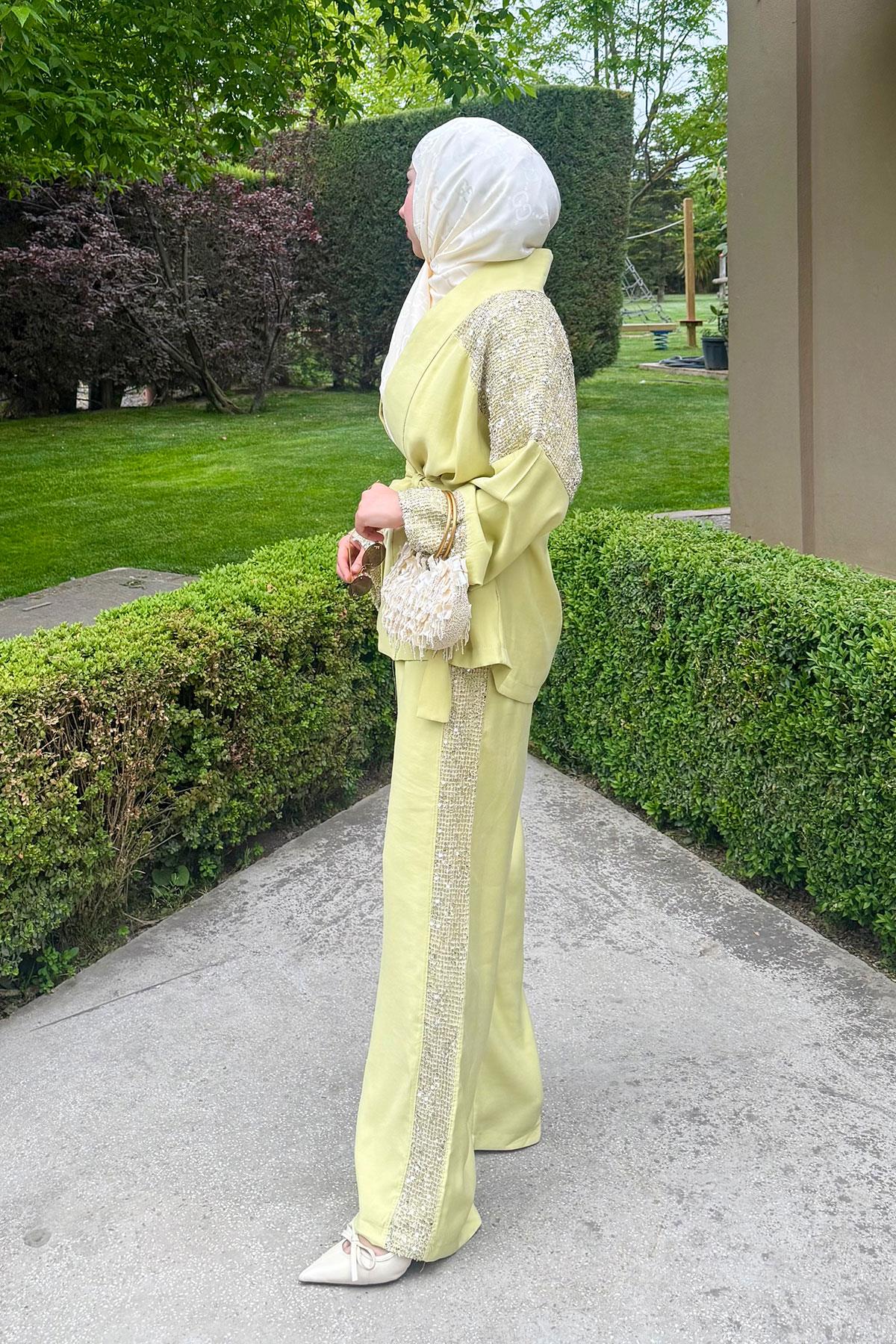 Premium Pul Detaylı Kimono İkili Takım – Olive