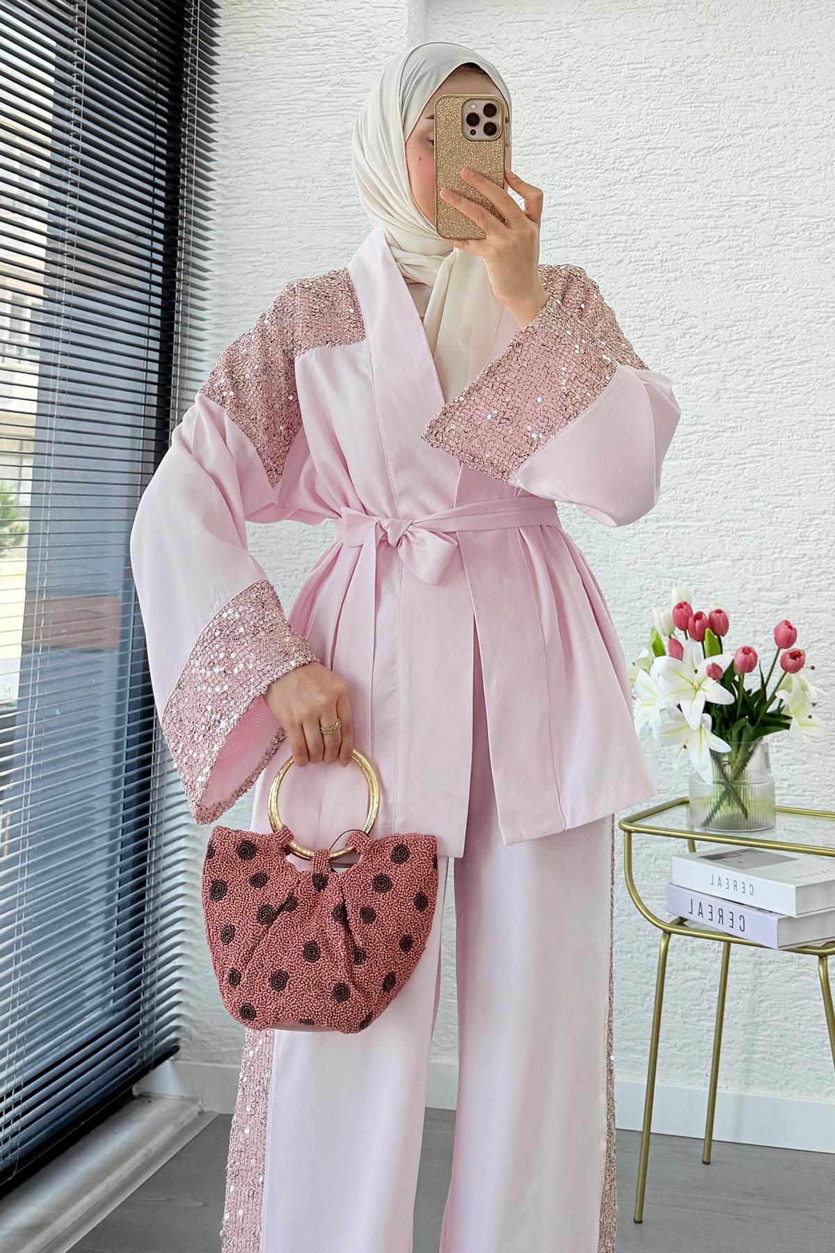 Premium Pul Detaylı Kimono İkili Takım – Pembe