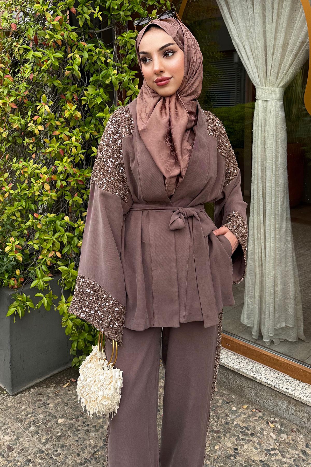 Premium Pul Detaylı Kimono İkili Takım – Kahverengi