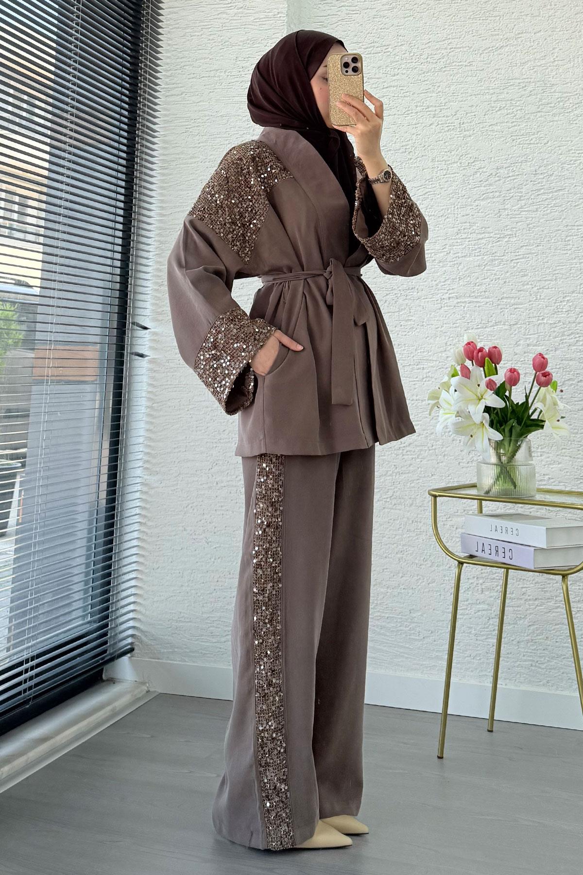 Premium Pul Detaylı Kimono İkili Takım – Kahverengi