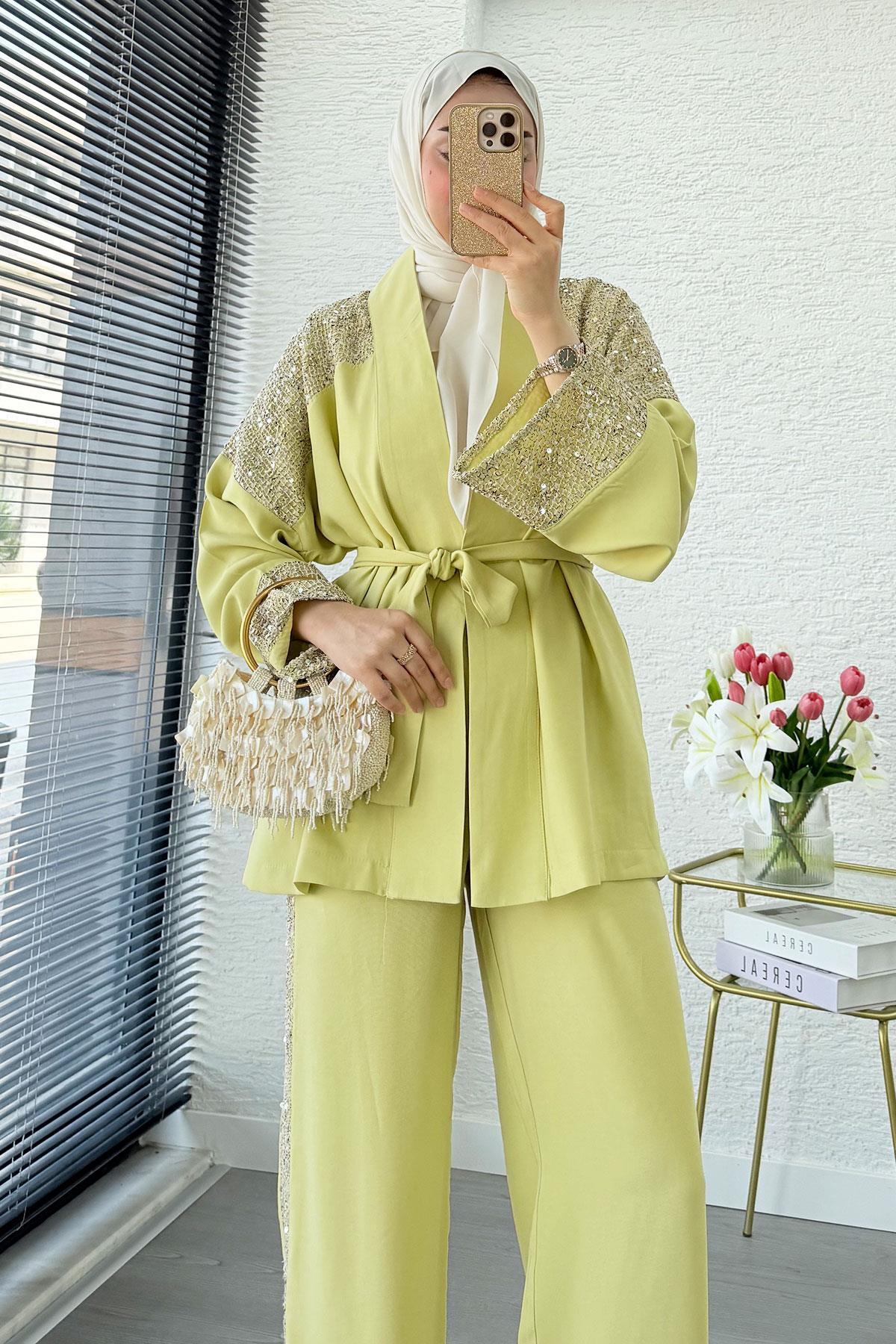 Premium Pul Detaylı Kimono İkili Takım – Olive