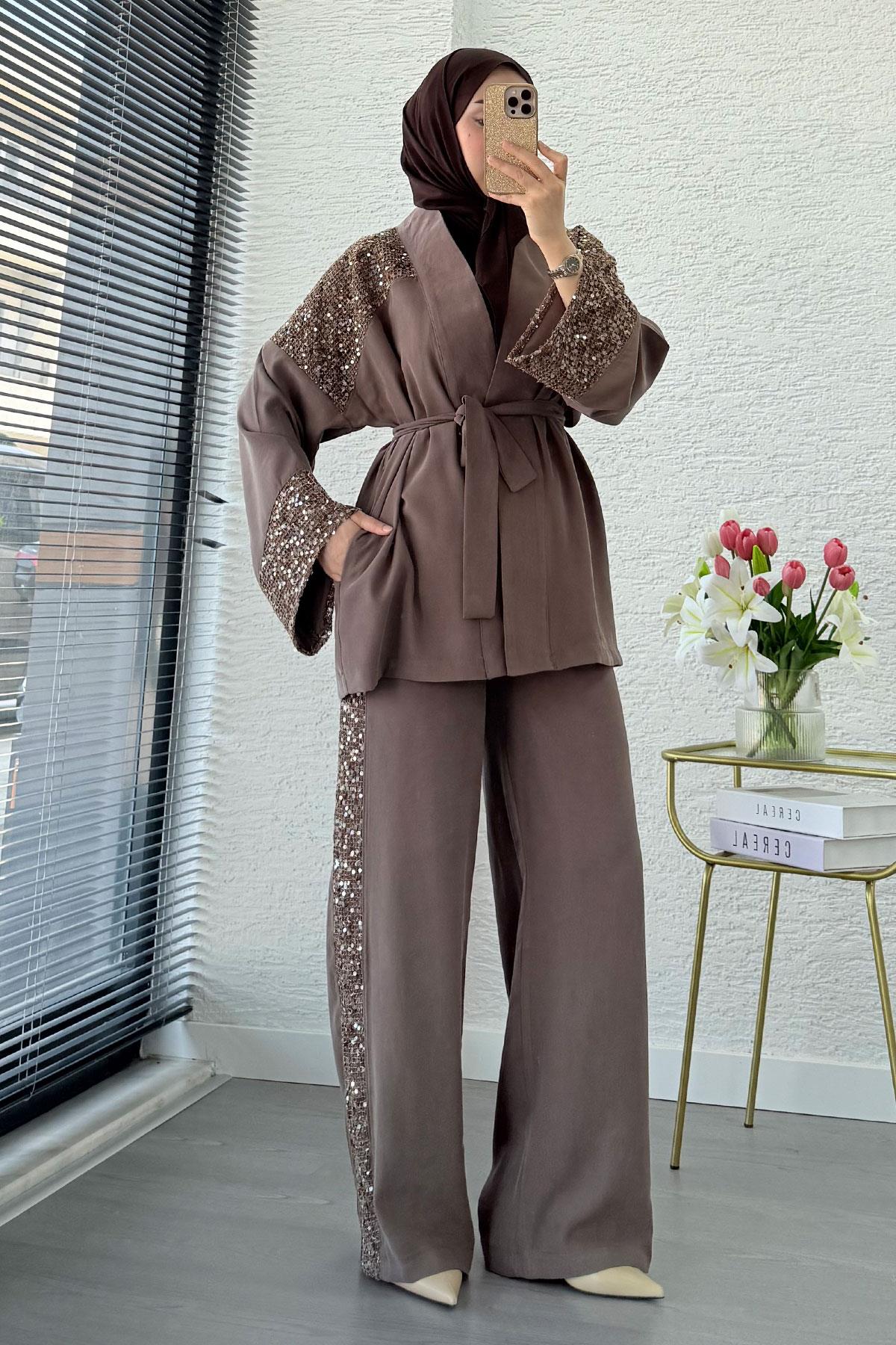 Premium Pul Detaylı Kimono İkili Takım – Kahverengi
