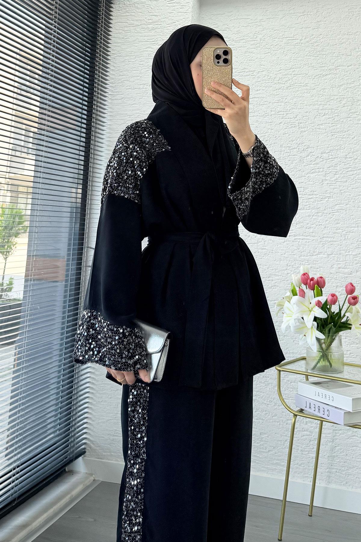 Premium Pul Detaylı Kimono İkili Takım – Siyah