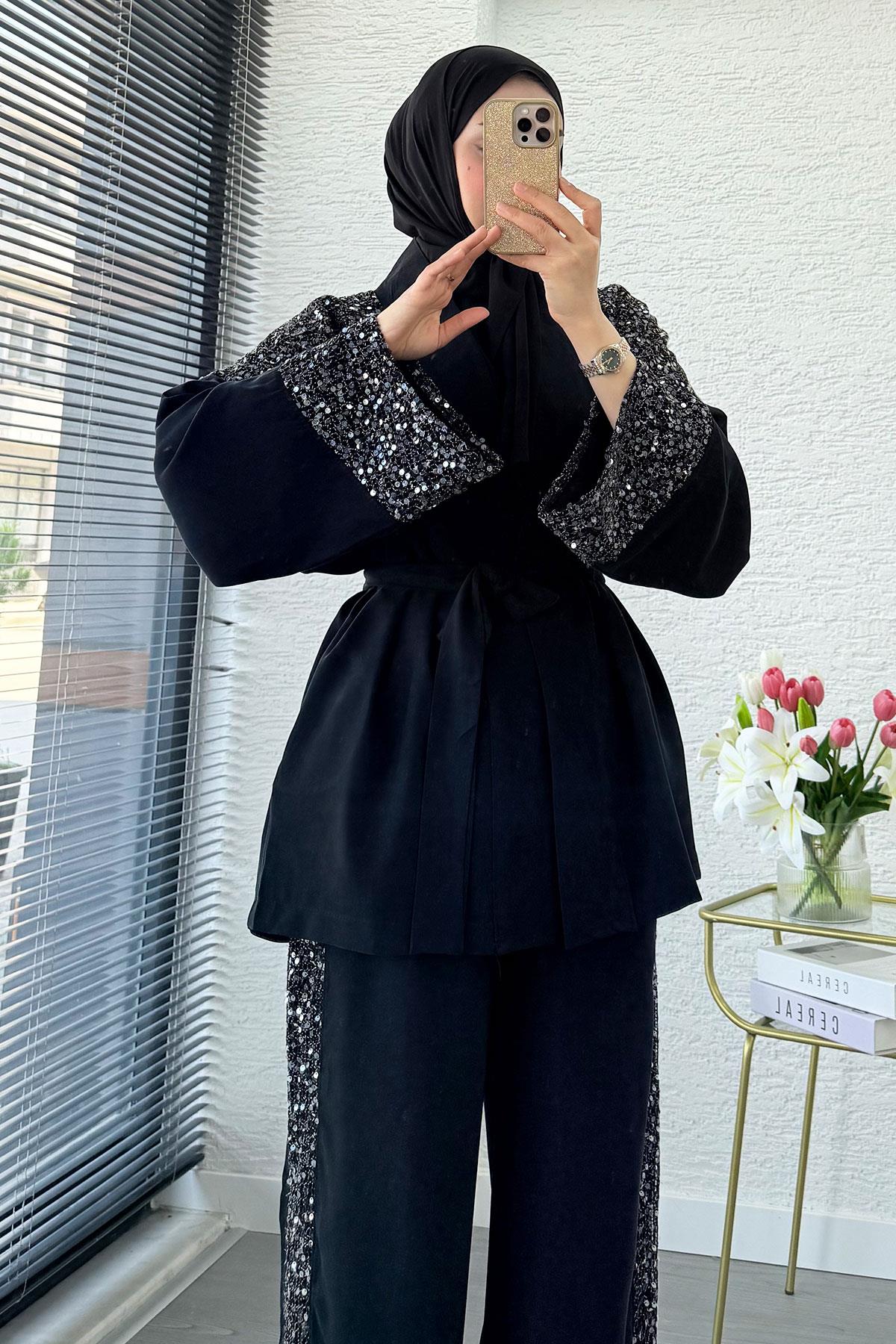 Premium Pul Detaylı Kimono İkili Takım – Siyah