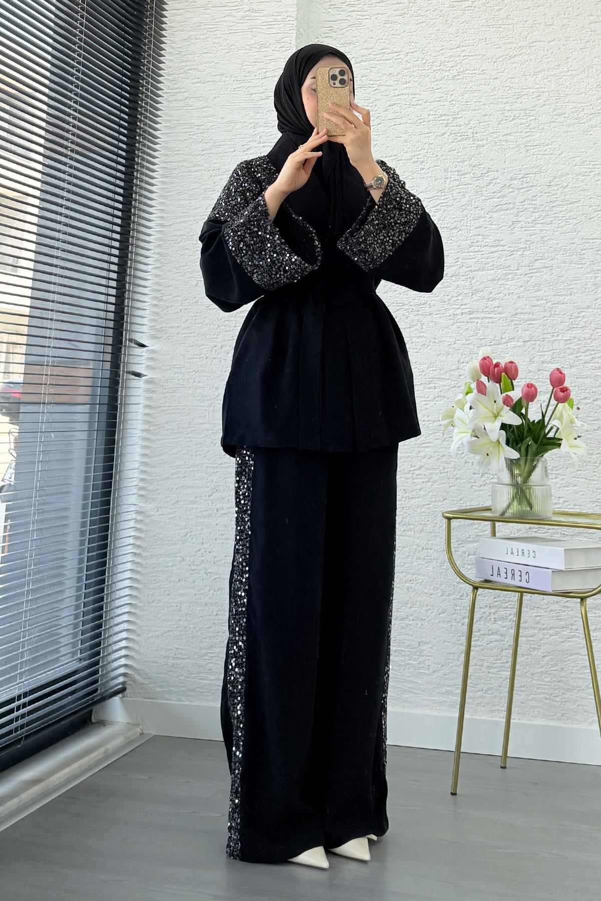 Premium Pul Detaylı Kimono İkili Takım – Siyah