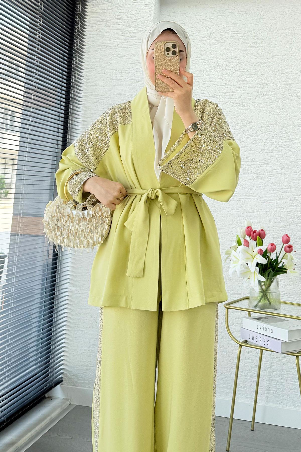 Premium Pul Detaylı Kimono İkili Takım – Olive