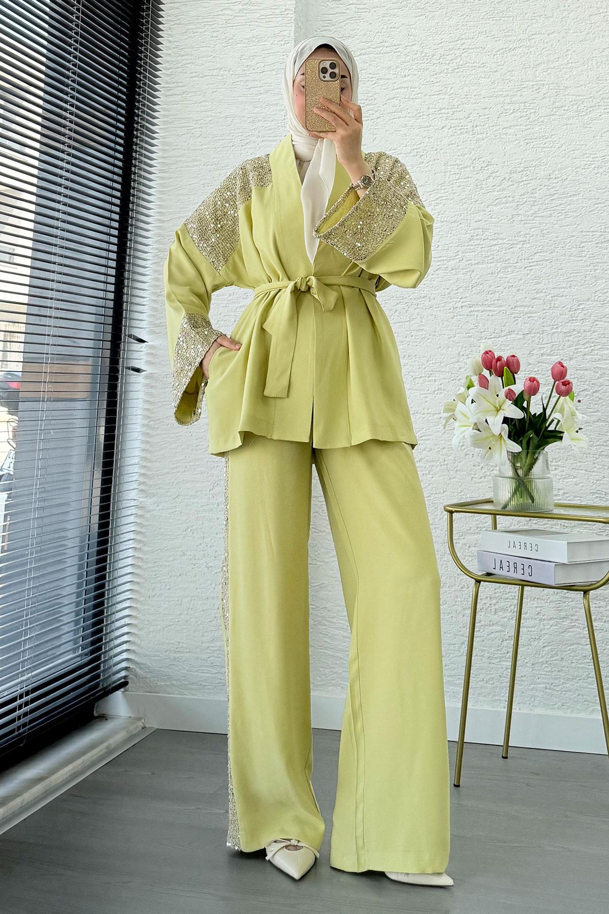 Premium Pul Detaylı Kimono İkili Takım – Olive