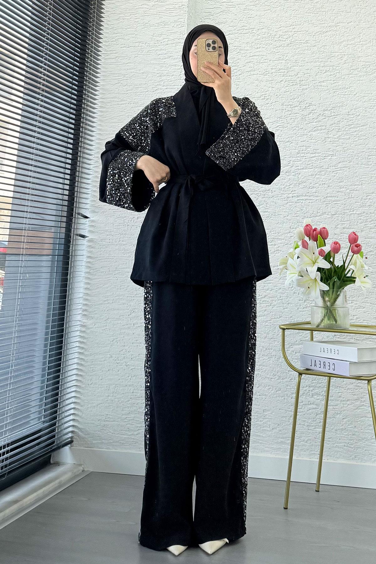 Premium Pul Detaylı Kimono İkili Takım – Siyah