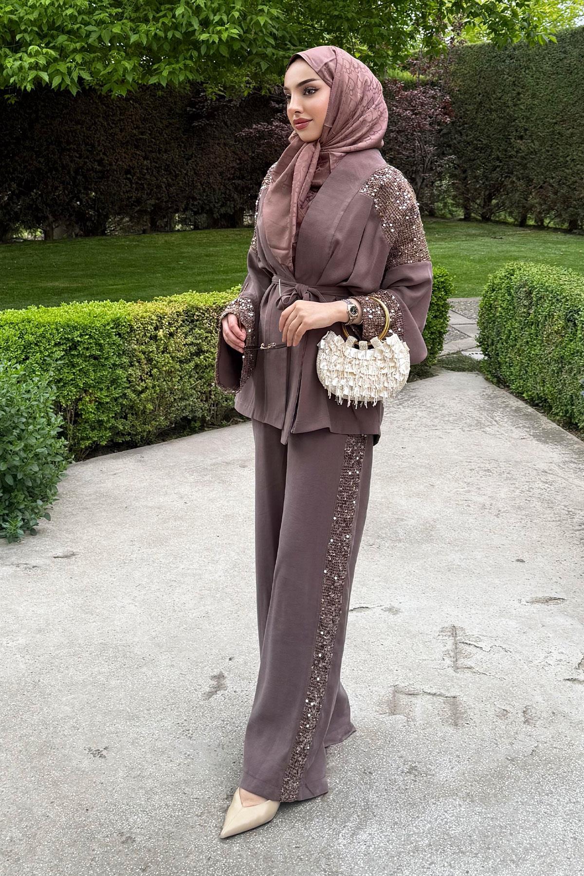 Premium Pul Detaylı Kimono İkili Takım – Kahverengi