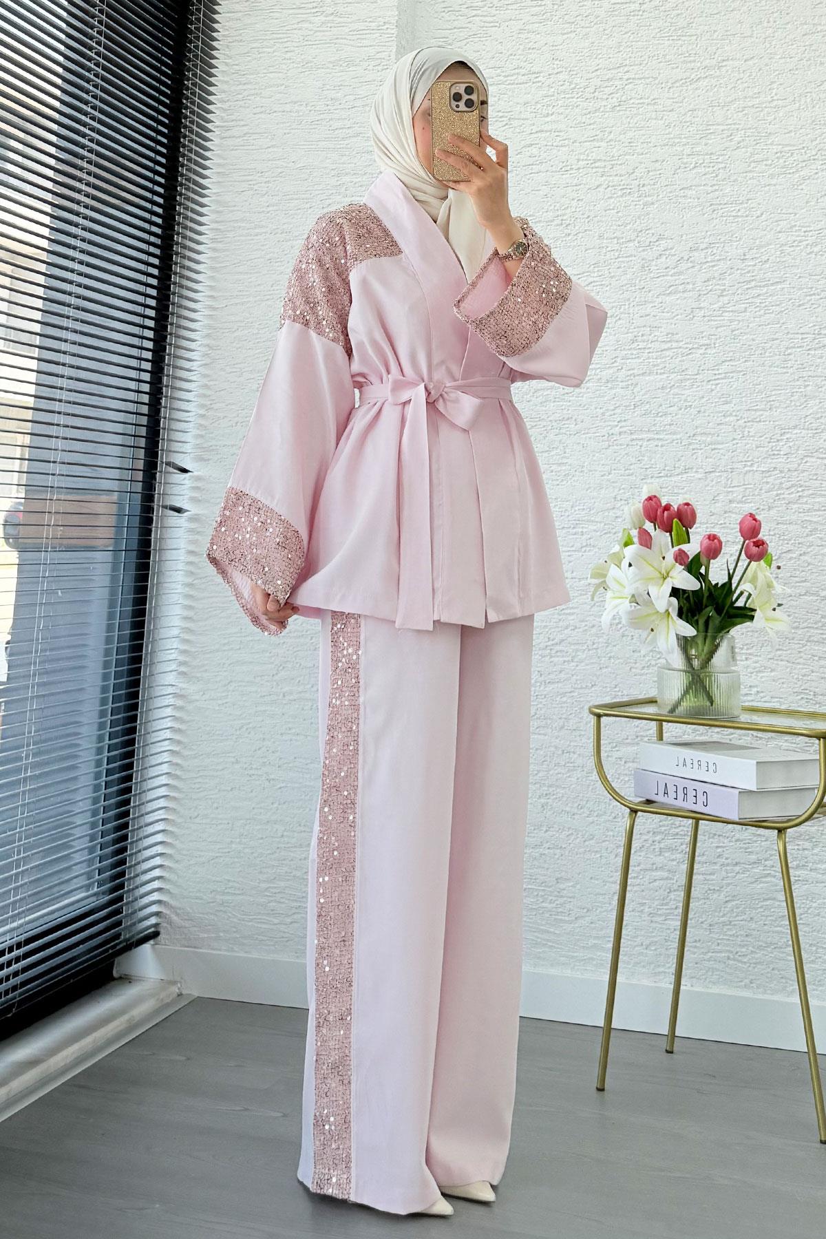 Premium Pul Detaylı Kimono İkili Takım – Pembe
