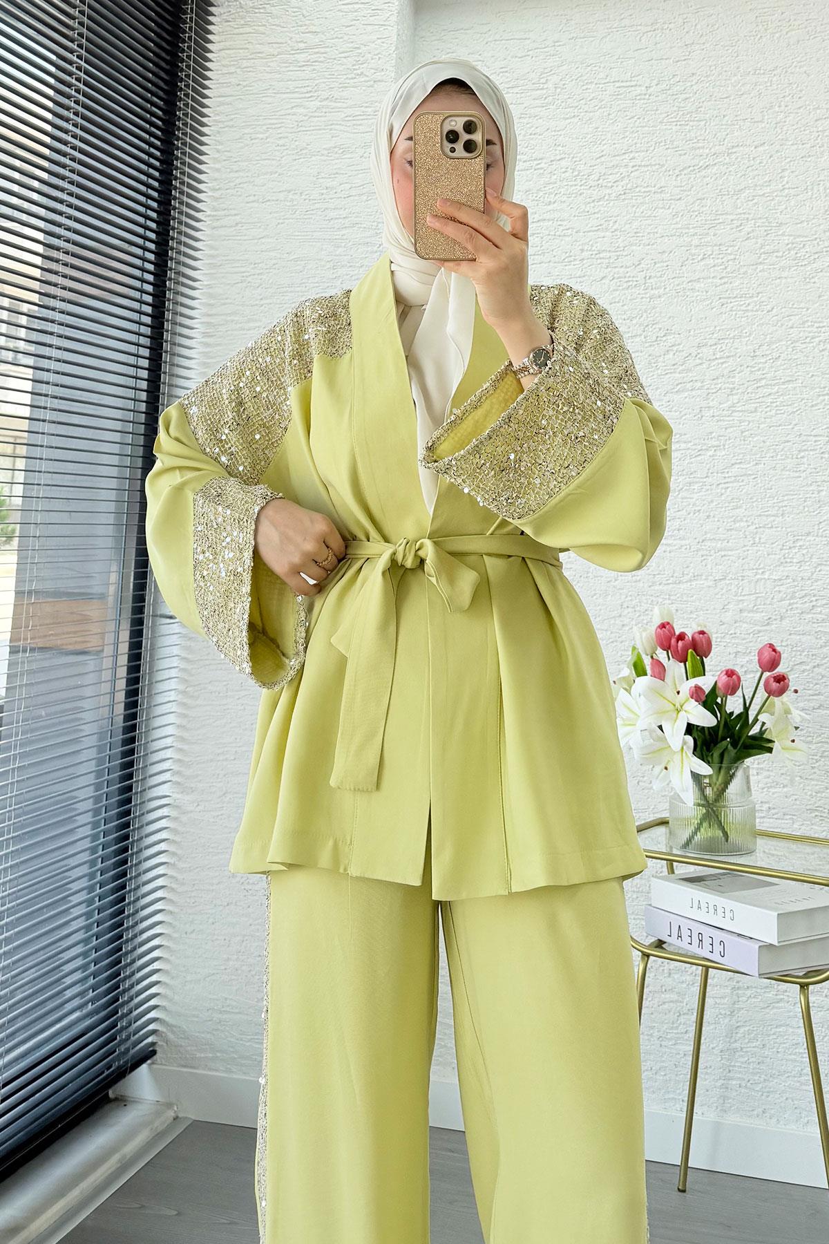 Premium Pul Detaylı Kimono İkili Takım – Olive