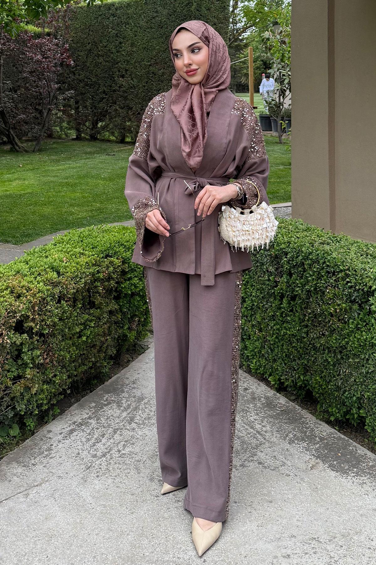 Premium Pul Detaylı Kimono İkili Takım – Kahverengi